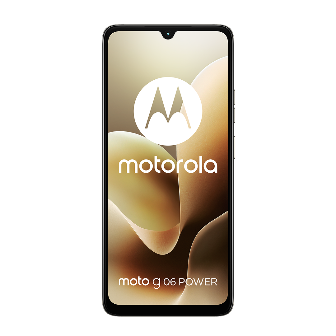 Motorola Moto g06 Power okostelefon. Elölnézet, fekete keret, a képernyőn a Motorola logója és a termék neve látható. Fehér háttér.
