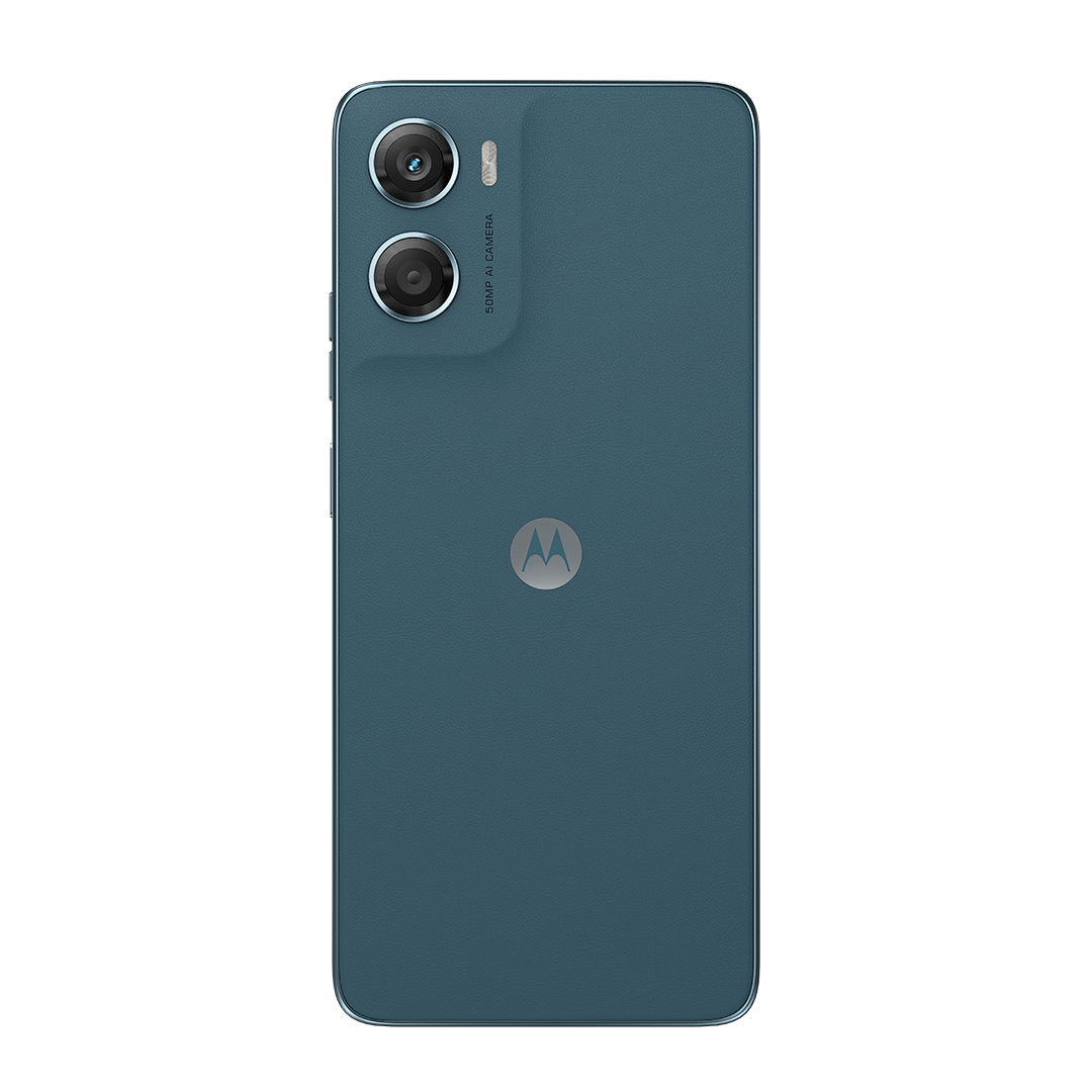 Egy türkiz Motorola okostelefon. Kettős kamerák vannak a tetején, a Motorola logója és texturált hátlapja.