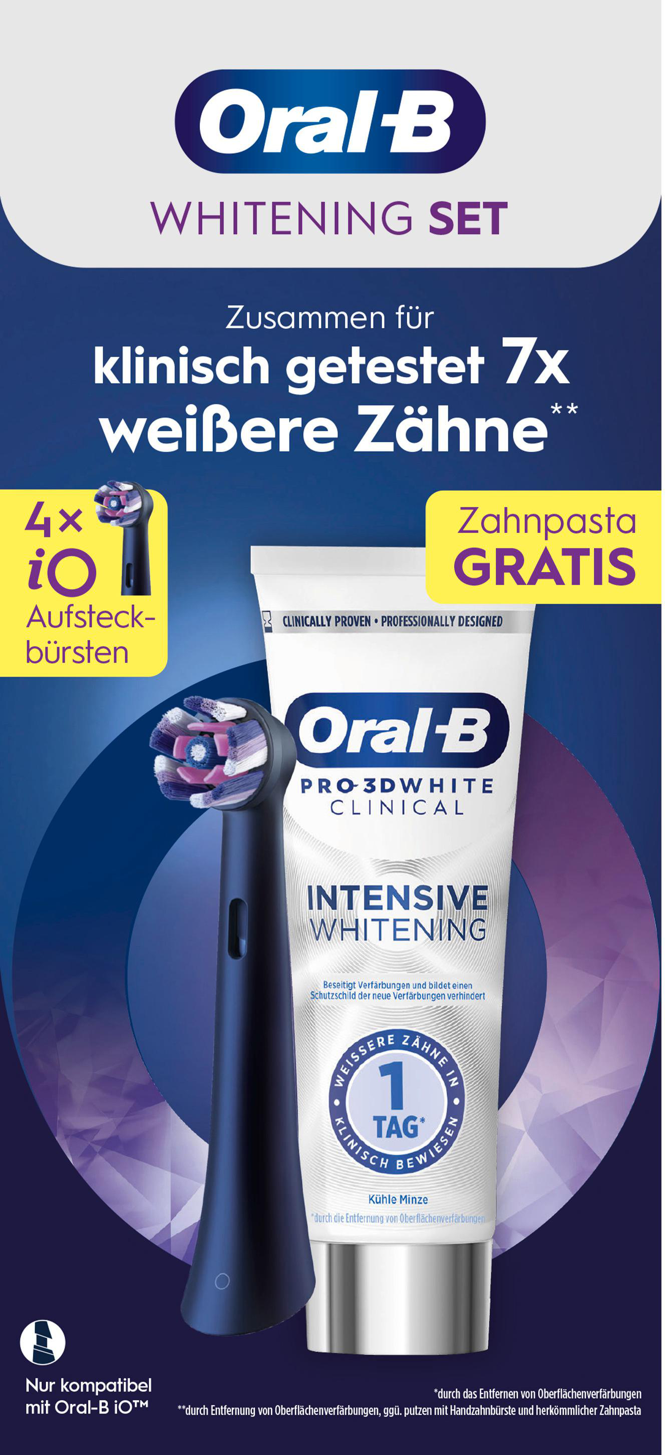 Oral-B Whitening Set Anzeige. Sie zeigt Zahnbürste, Zahnpasta und Informationen über weißere Zähne.