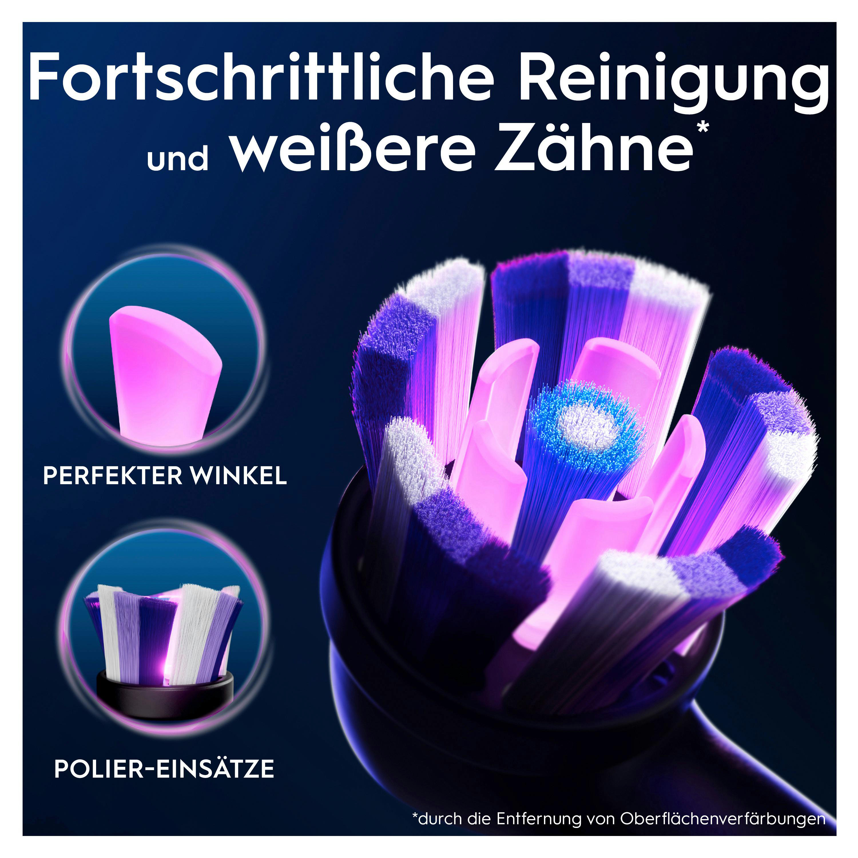 Ein Zahnbürstenkopf mit lila und weißen Borsten. Text: Fortschrittliche Reinigung und weißere Zähne. Nahaufnahmen zeigen Merkmale.