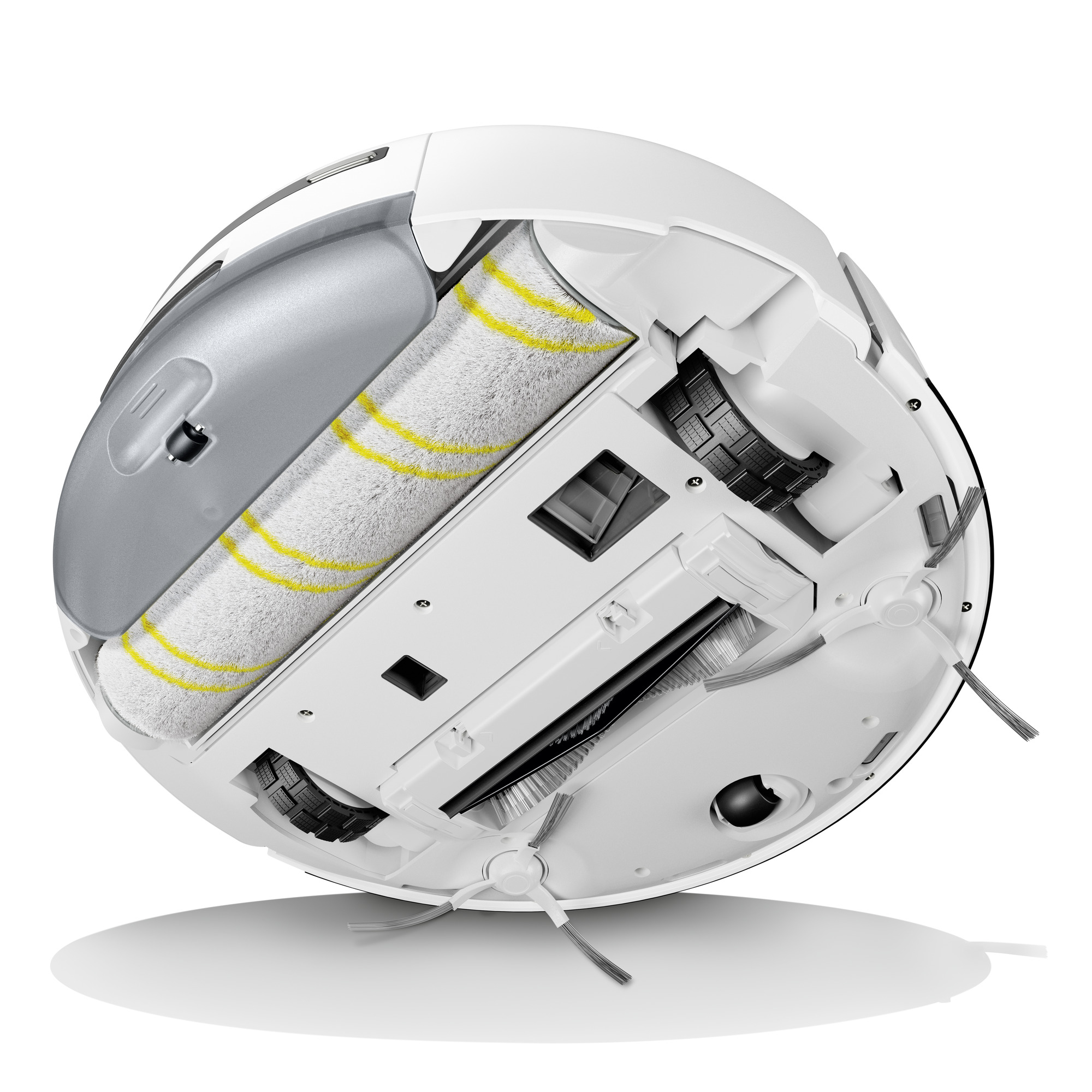 Biały i szary robot odkurzający, pokazujący części wewnętrzne. Widoczna szczotka rolkowa z żółtymi paskami.