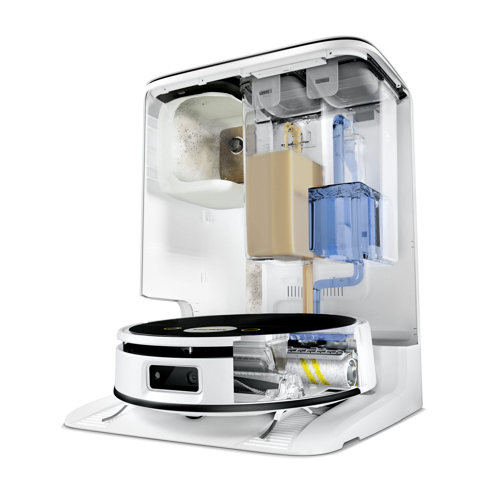 Przekrój białego robota odkurzającego. Ma przegródki na wodę, roztwór czyszczący i brud. Design jest nowoczesny.