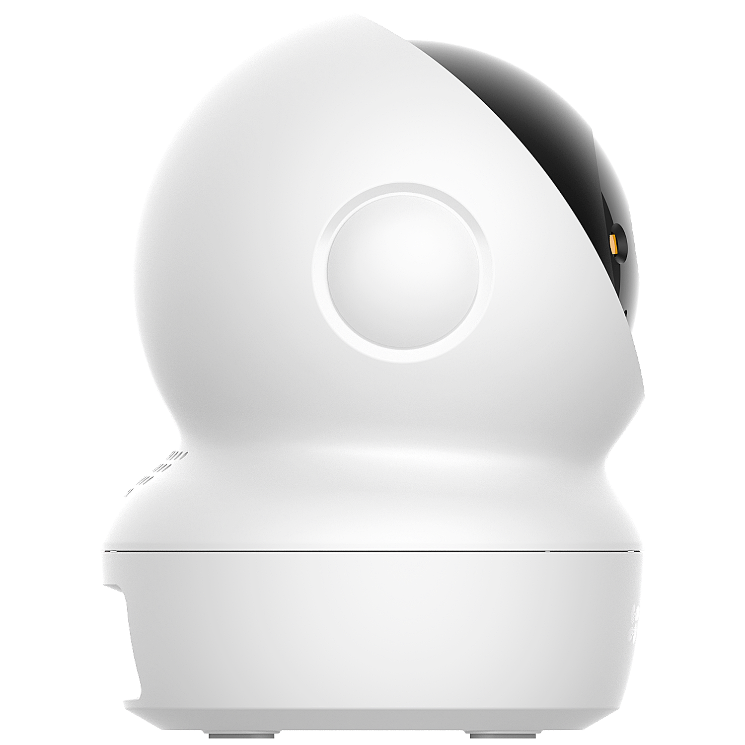 A white security camera with a black lens area. It has a round head and a rectangular base. The camera is on a white background.