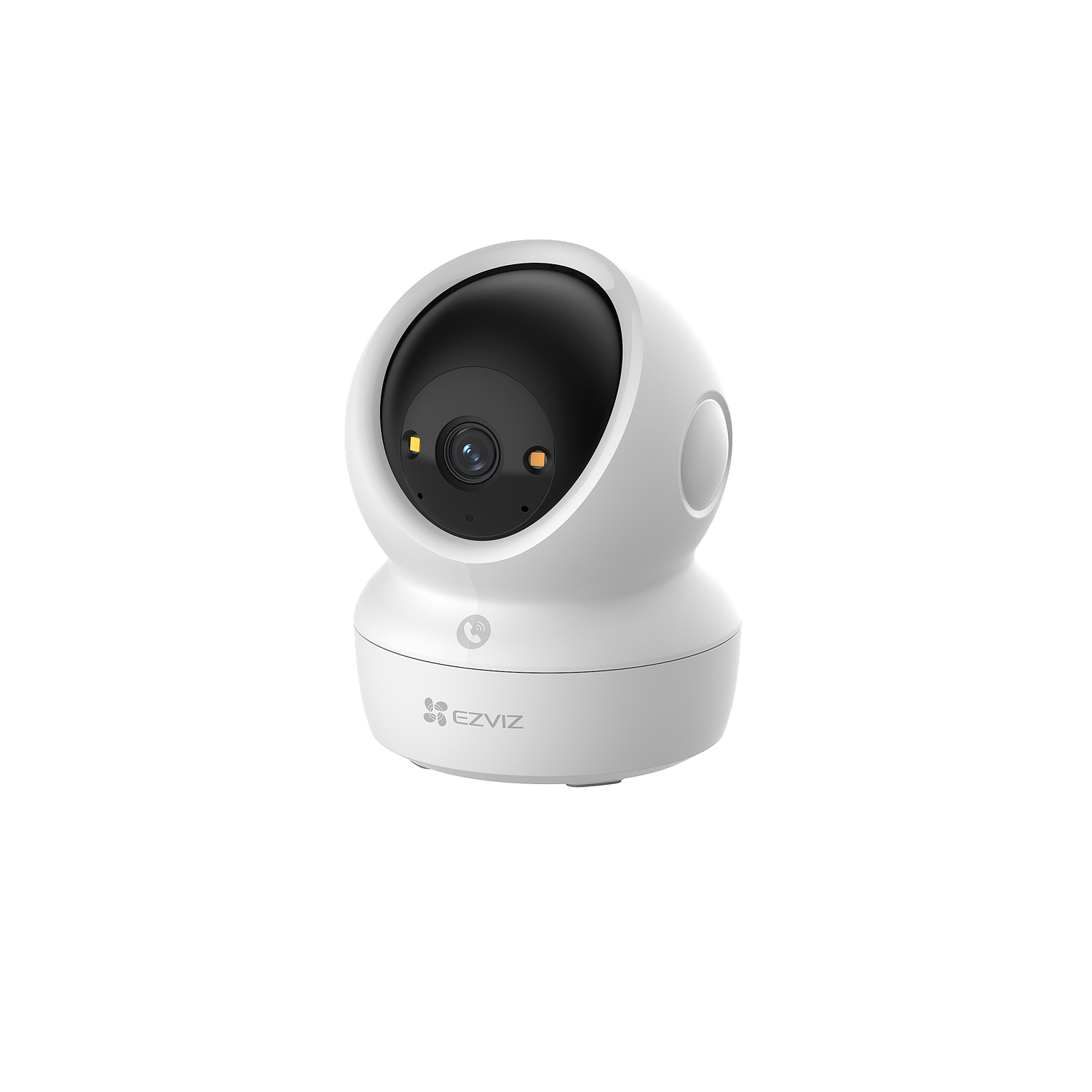 A white EZVIZ security camera with a black lens. It's on a white surface. The camera has a rounded design.