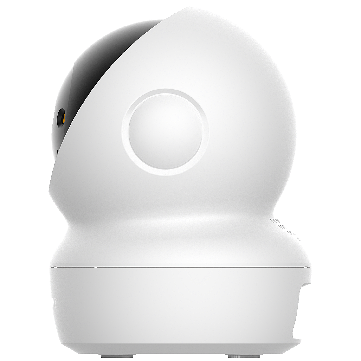 A white security camera with a black lens area and a white rounded body, on a white background.