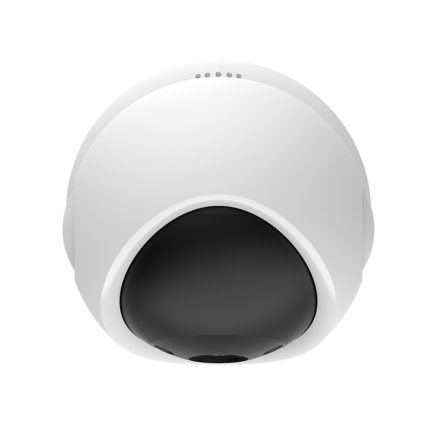 A white, dome-shaped security camera. It has a dark, circular lens and small vents. The background is plain white.