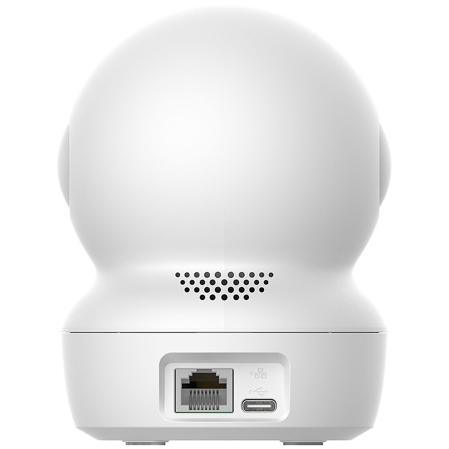 White security camera. Features include ethernet port, USB port, and speaker holes. The camera is on a white background.