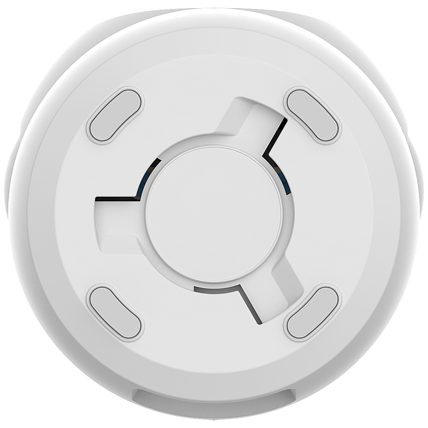 A top-down view of a white, circular device with buttons and design features. The center has a circular indentation. 