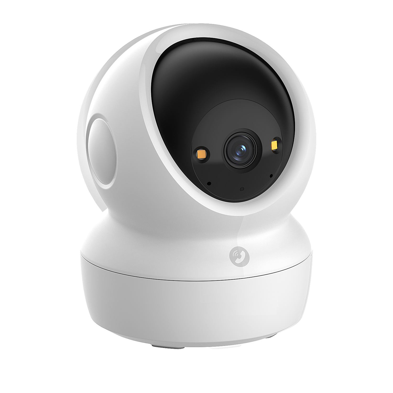 Een witte beveiligingscamera met een zwarte lens. Het heeft een afgeronde boven- en onderkant. Een logo staat op de basis.