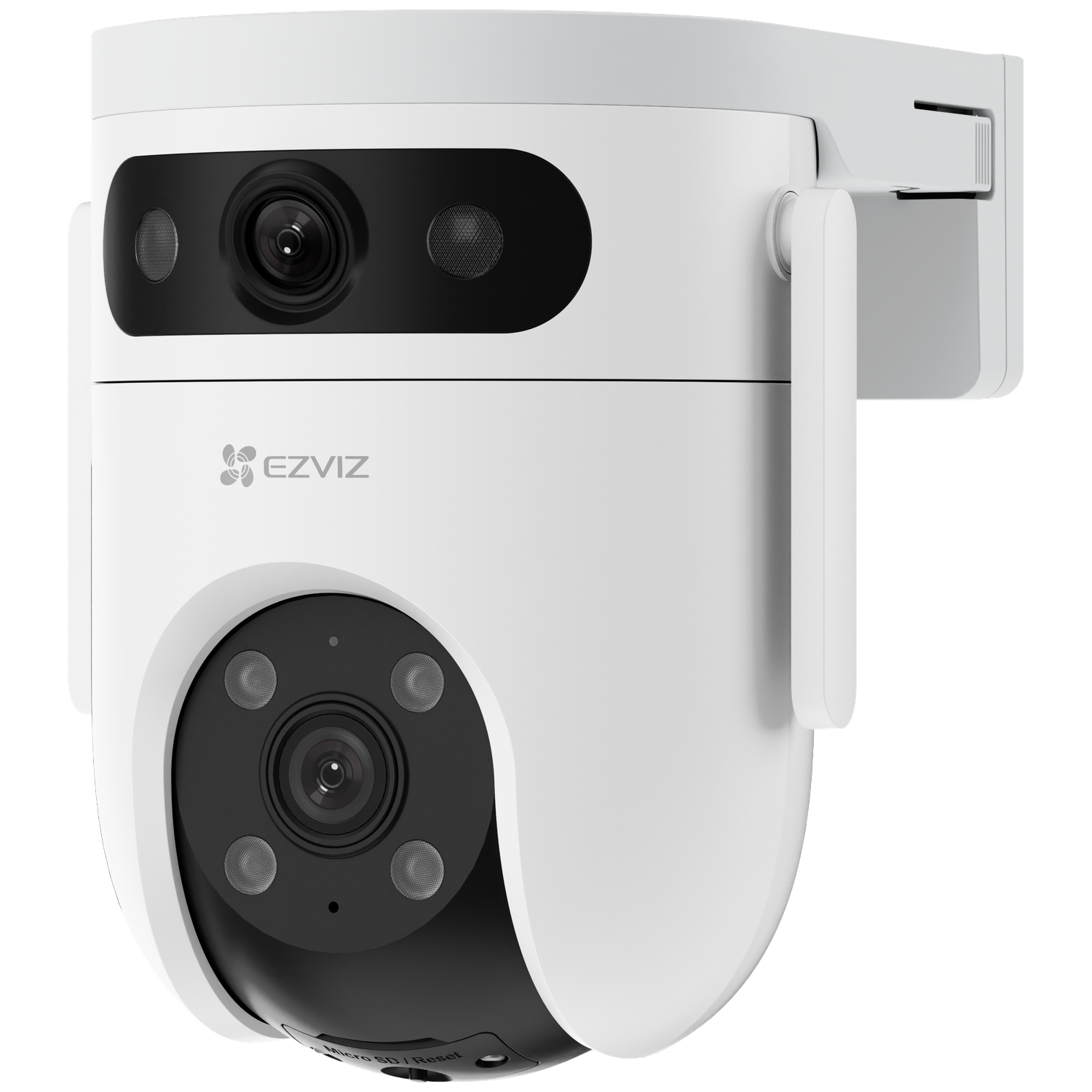 White EZVIZ security camera. It has a black lens and a white casing. It is mounted on a white bracket.