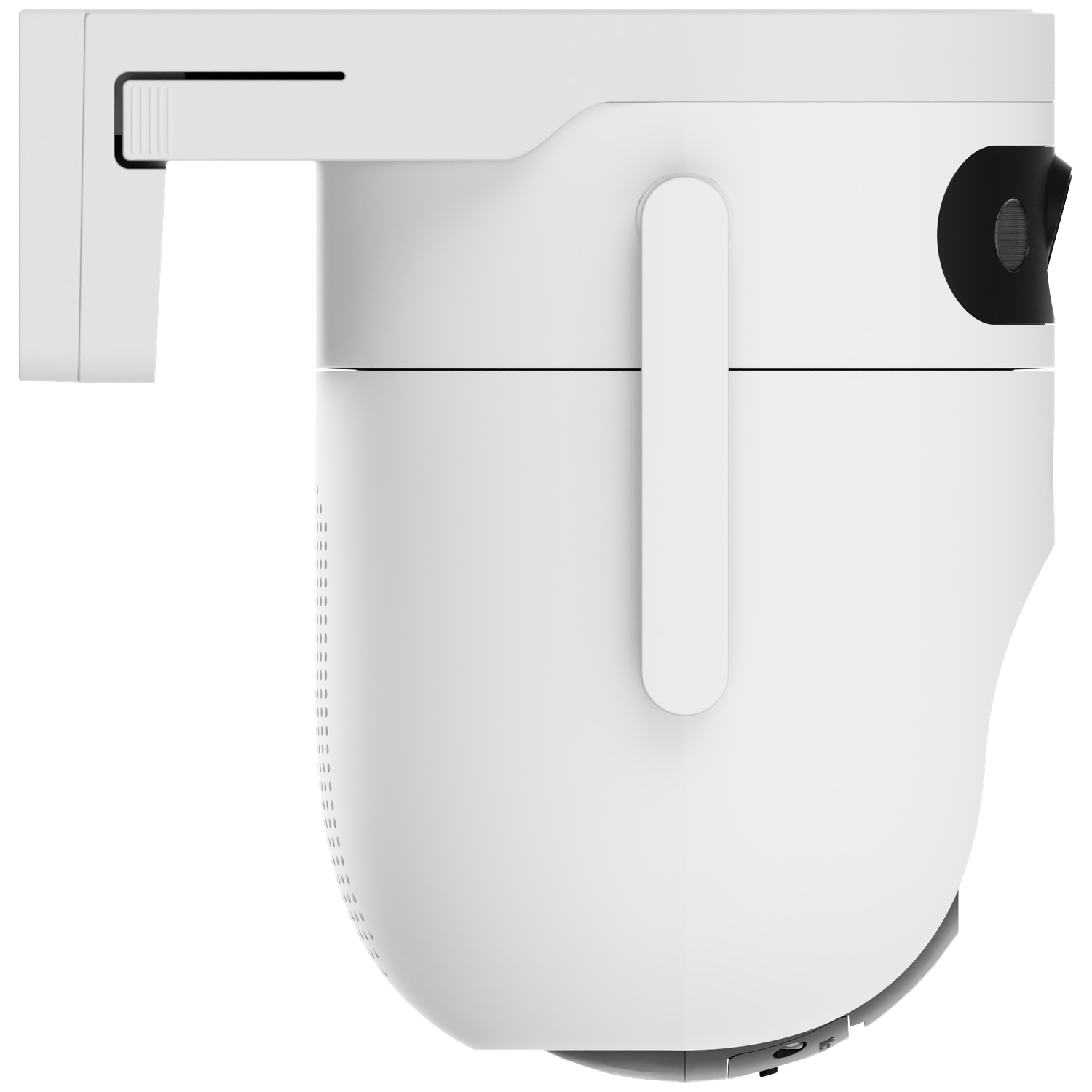 A white security camera with a black lens, mounted on a white bracket. The camera has a rounded body and a handle.
