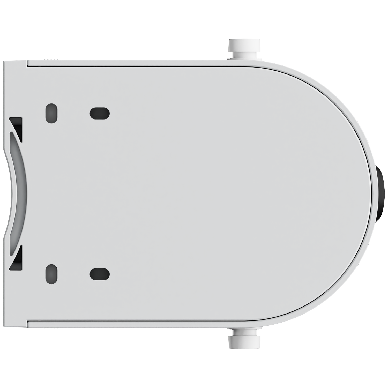 A white, rounded rectangular device with two cylindrical protrusions. It has a black element on one side and several holes.