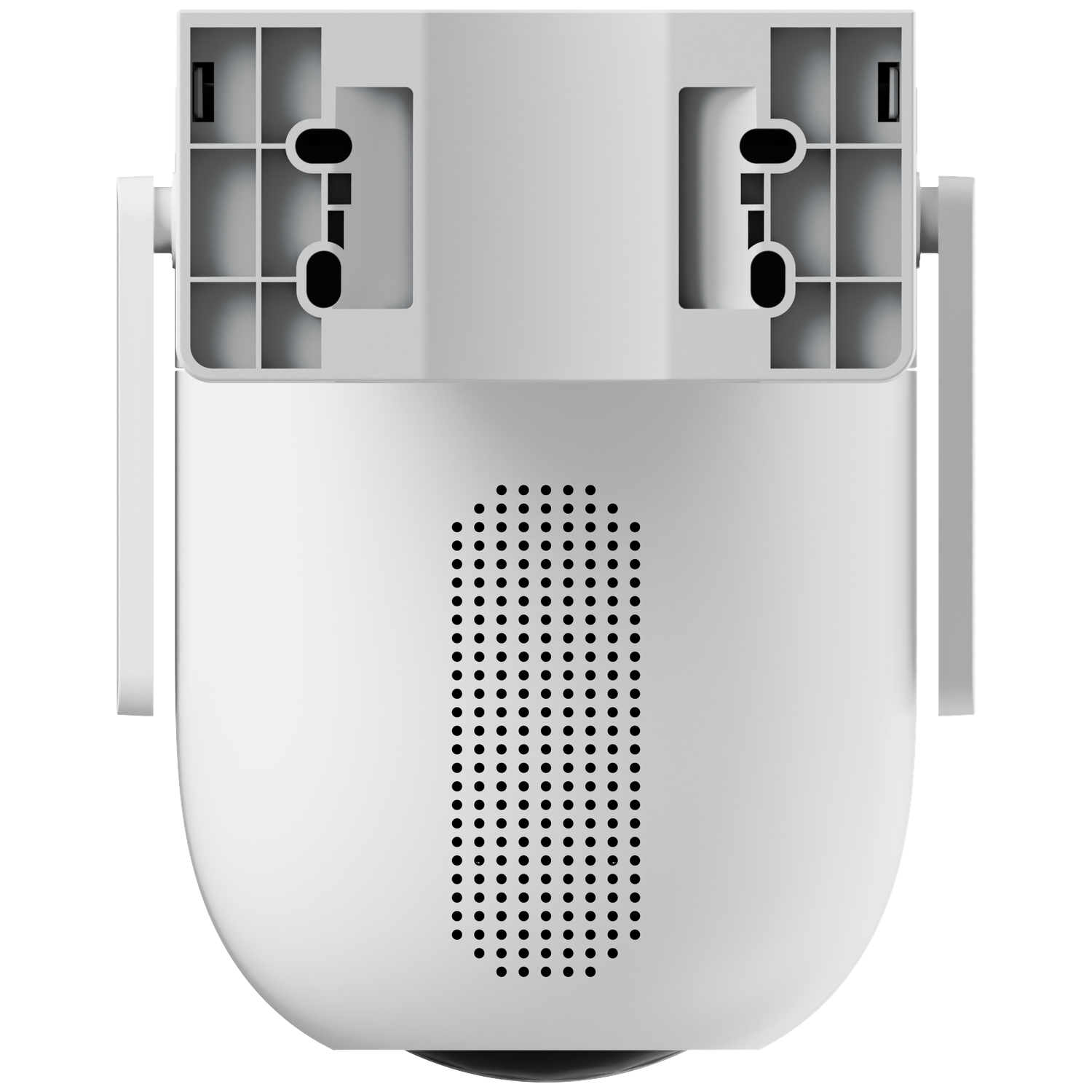 A white surveillance camera with a rounded bottom and a speaker grill of black dots. It has two white support arms.