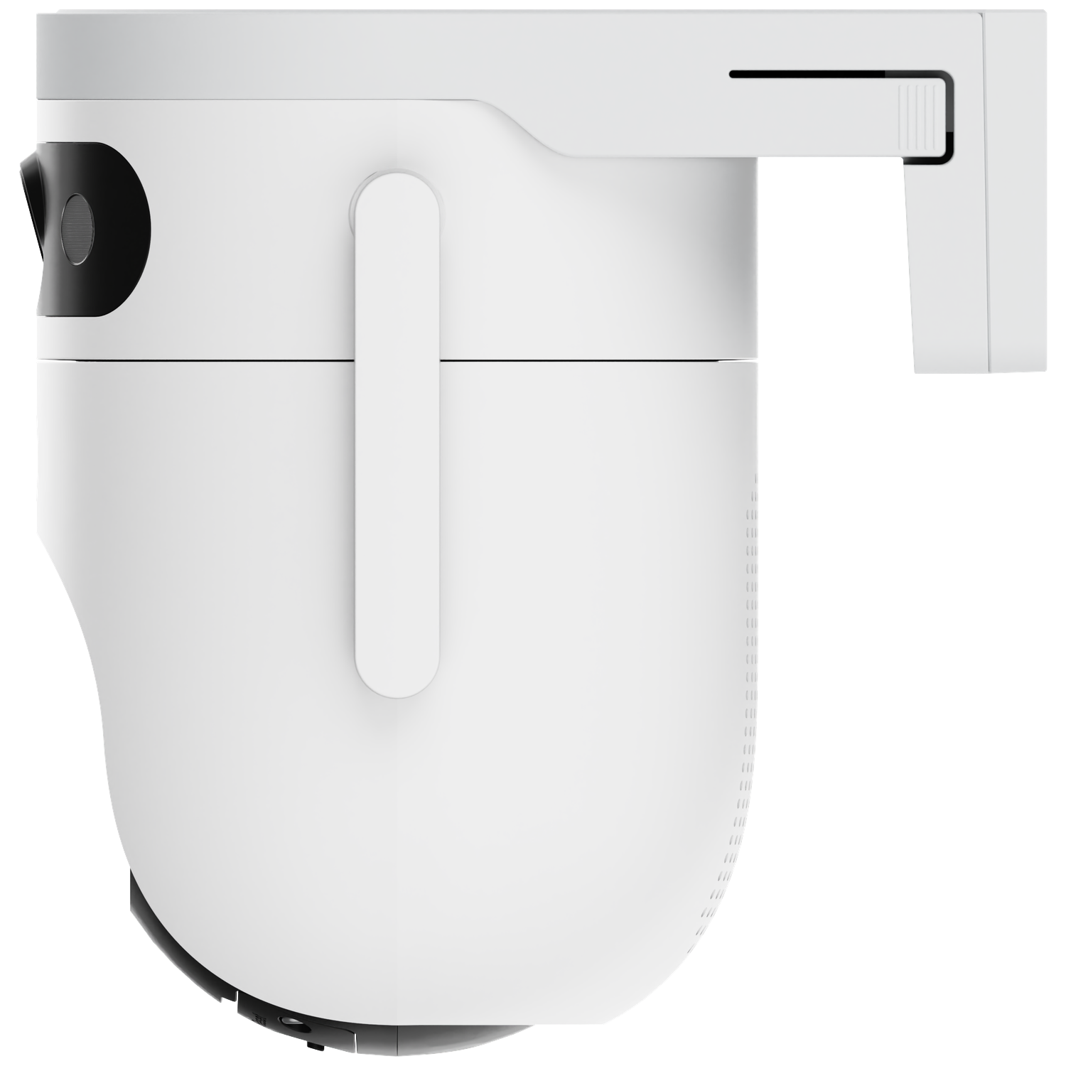 A white surveillance camera with a black lens and a mounting bracket. The camera has a rounded body and a rectangular mount.