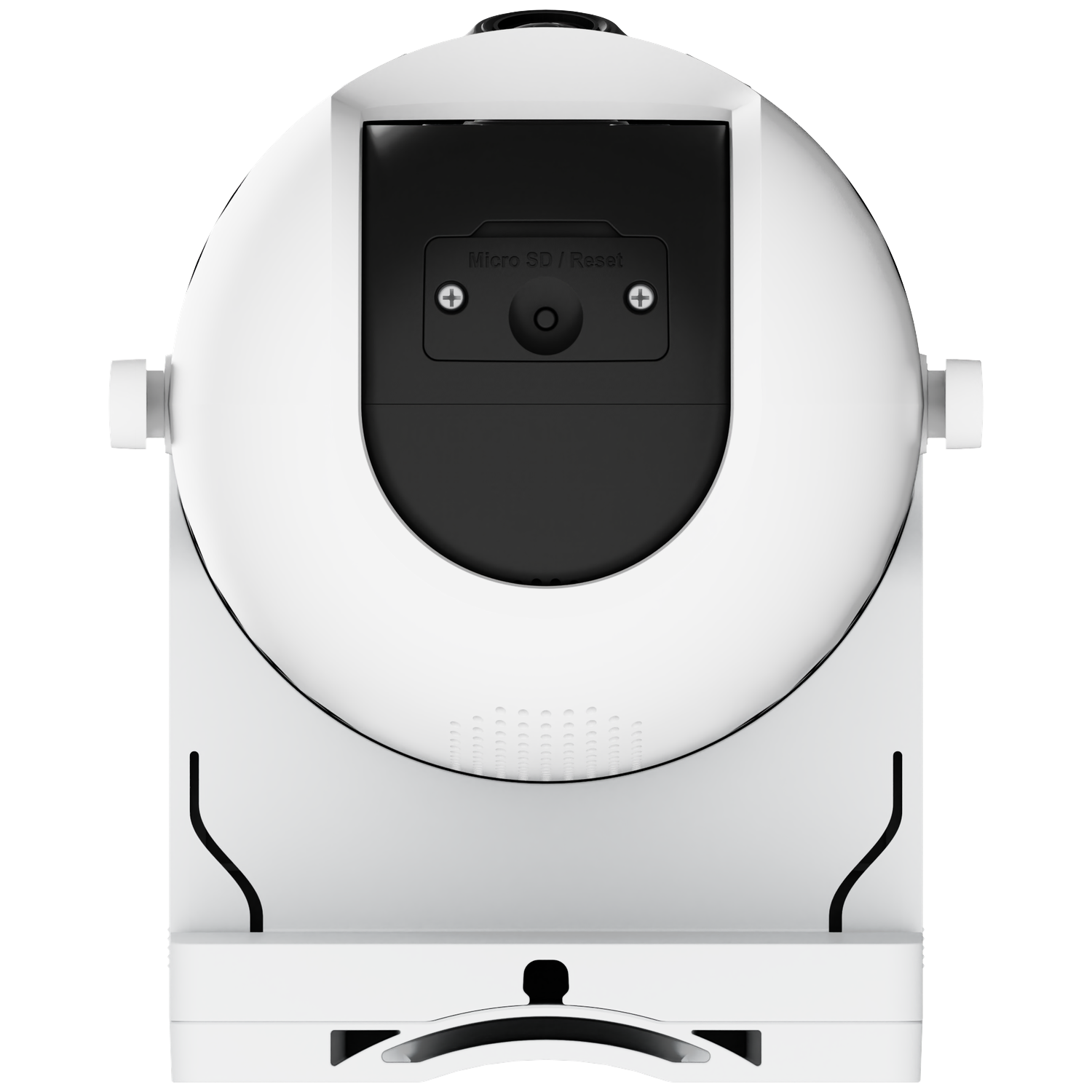 A white security camera with a black center section. It has a Micro SD slot and reset button. The camera has a modern design.