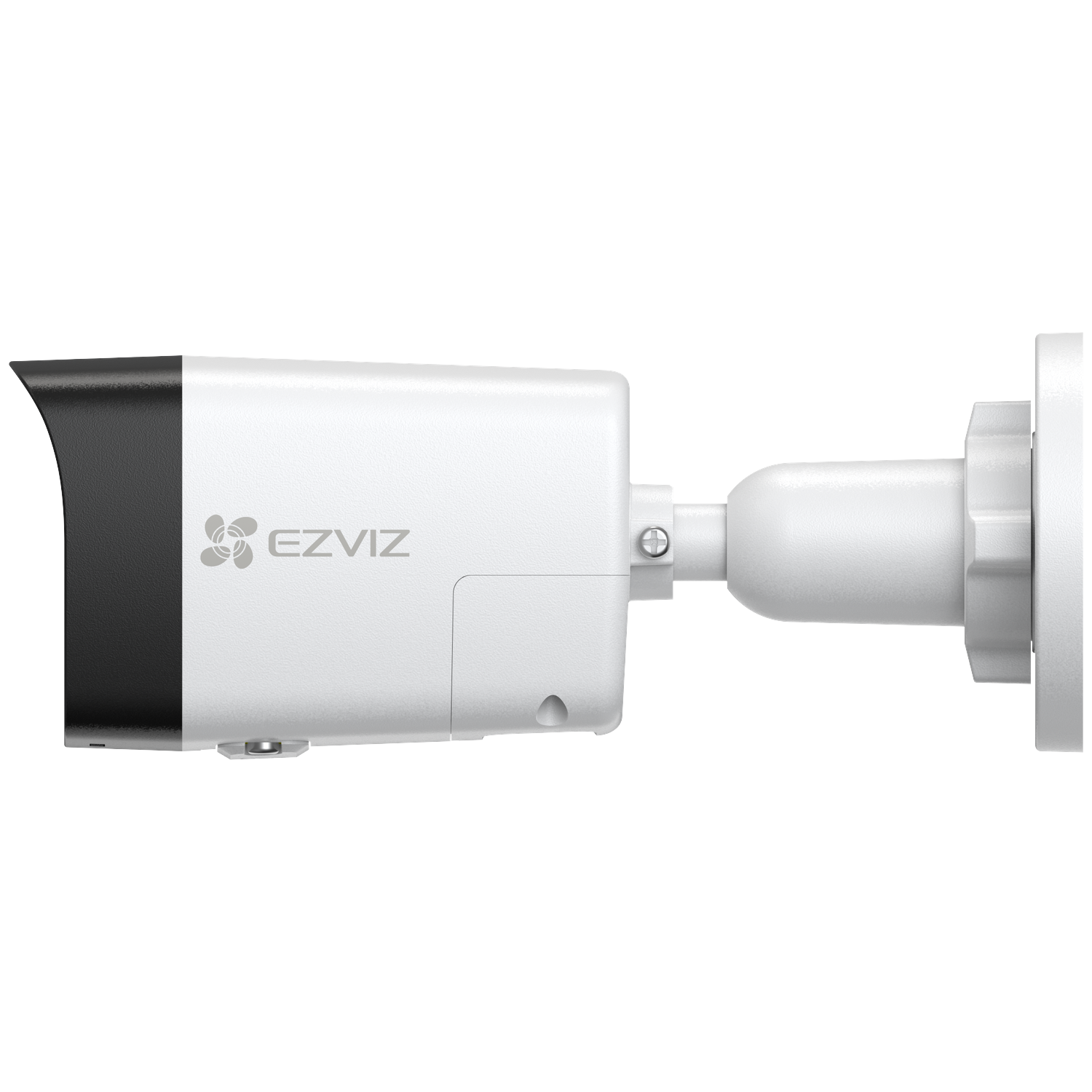 Een witte en zwarte EZVIZ beveiligingscamera. Het is gemonteerd op een witte beugel. De camera is horizontaal en heeft het EZVIZ-logo.