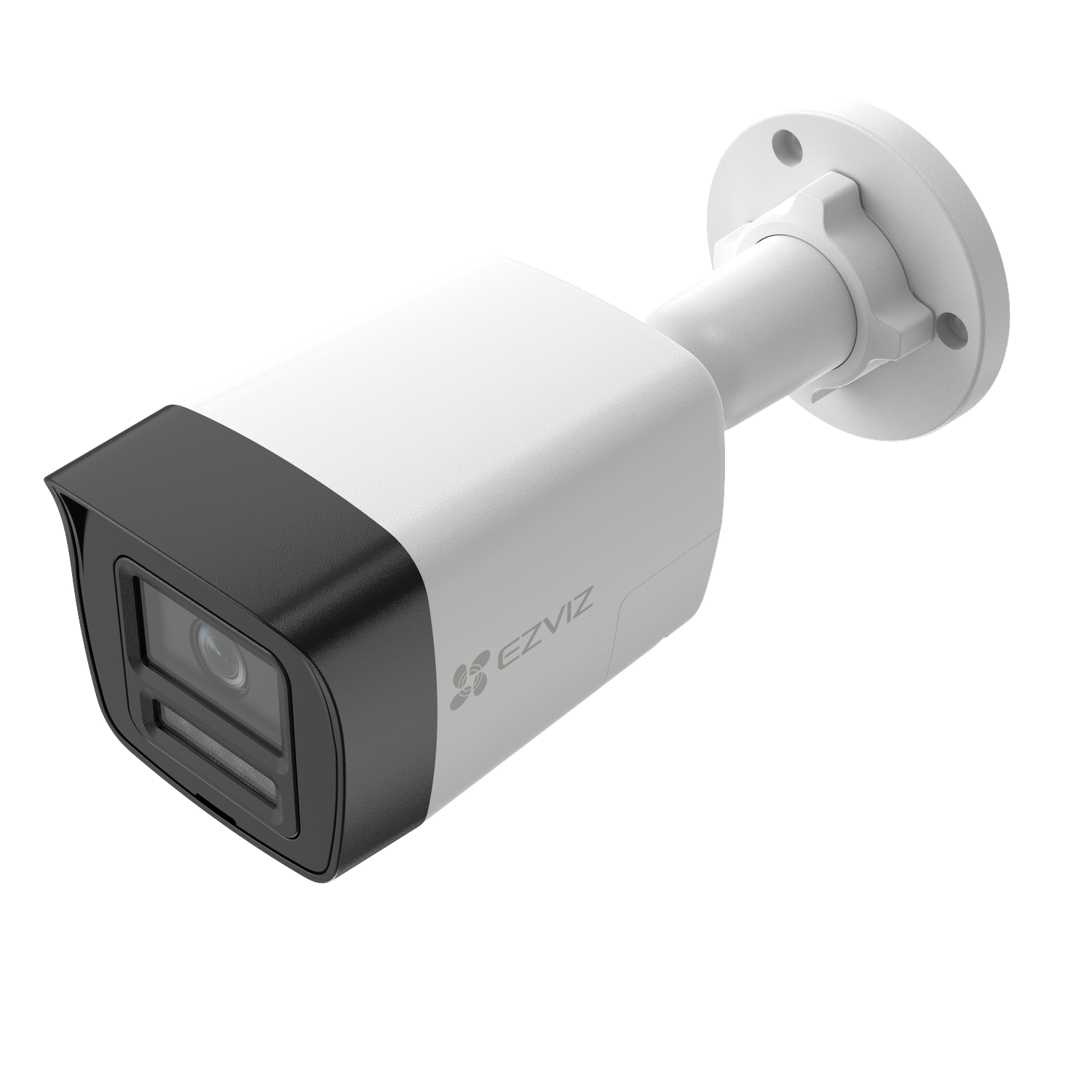 Witte en zwarte EZVIZ beveiligingscamera. Het heeft een cilindrische behuizing en een lens, gemonteerd op een witte basis.