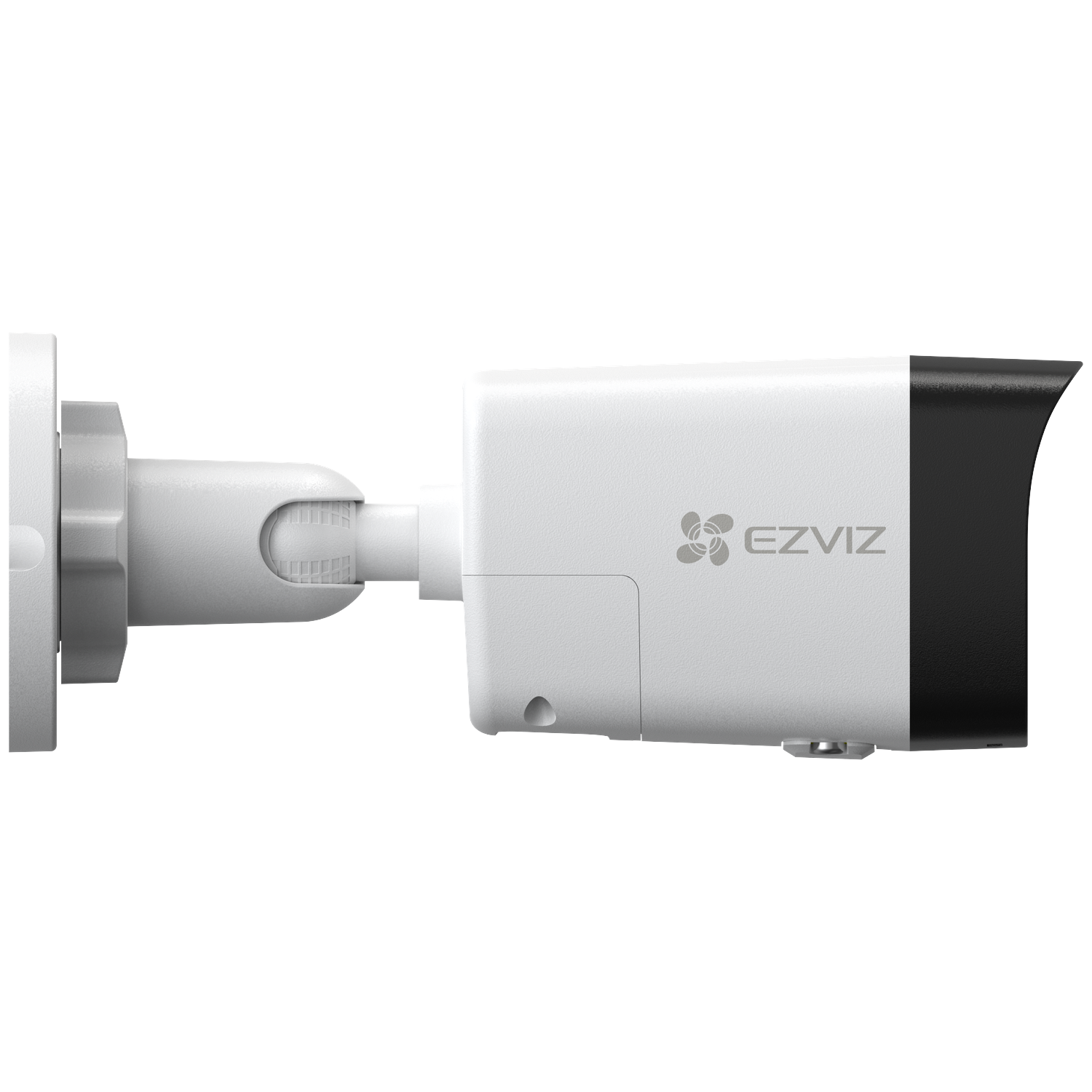 Witte EZVIZ beveiligingscamera met zwarte eindkap, gemonteerd op een witte beugel. De camera staat tegen een witte achtergrond.