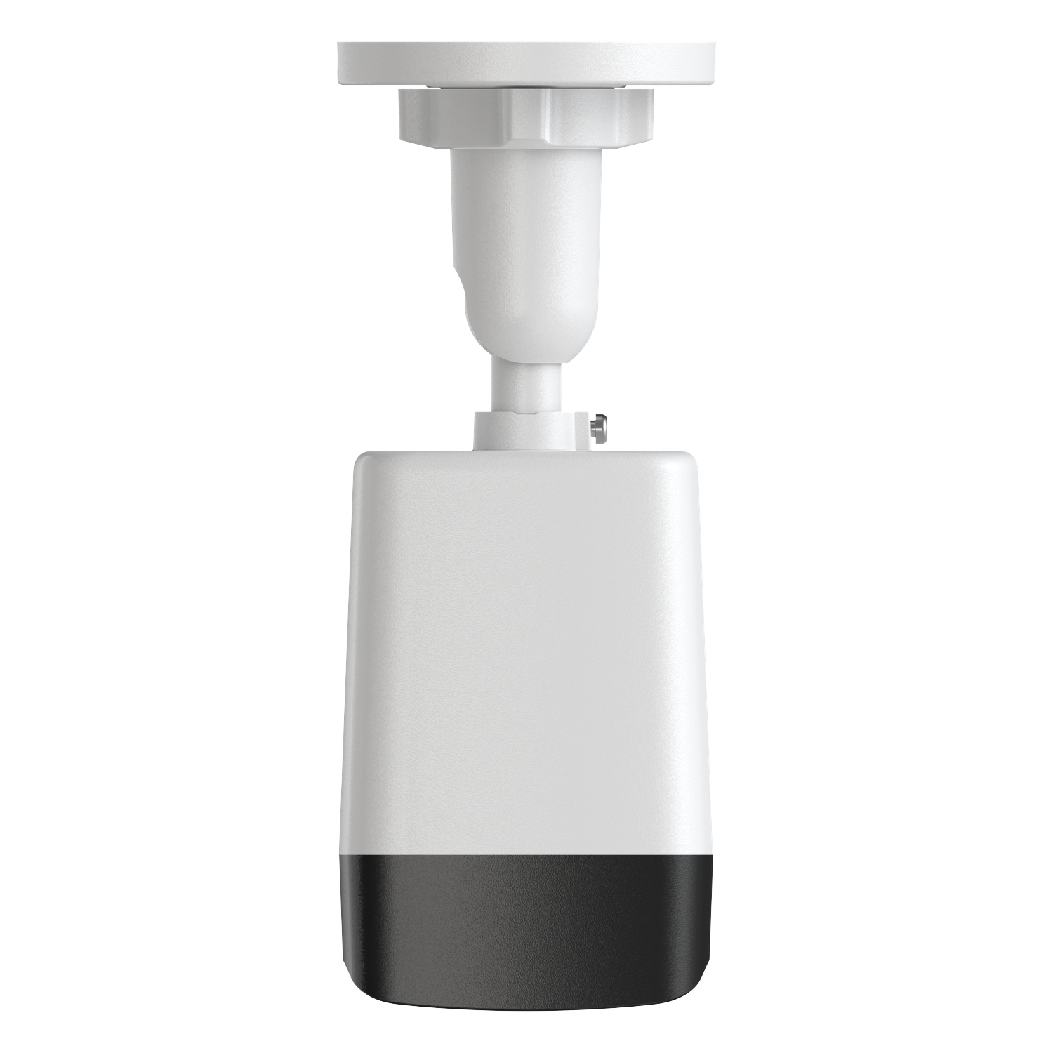 Een witte en zwarte beveiligingscamera, gemonteerd op een witte basis, tegen een witte achtergrond. De camera heeft een rechthoekige vorm.