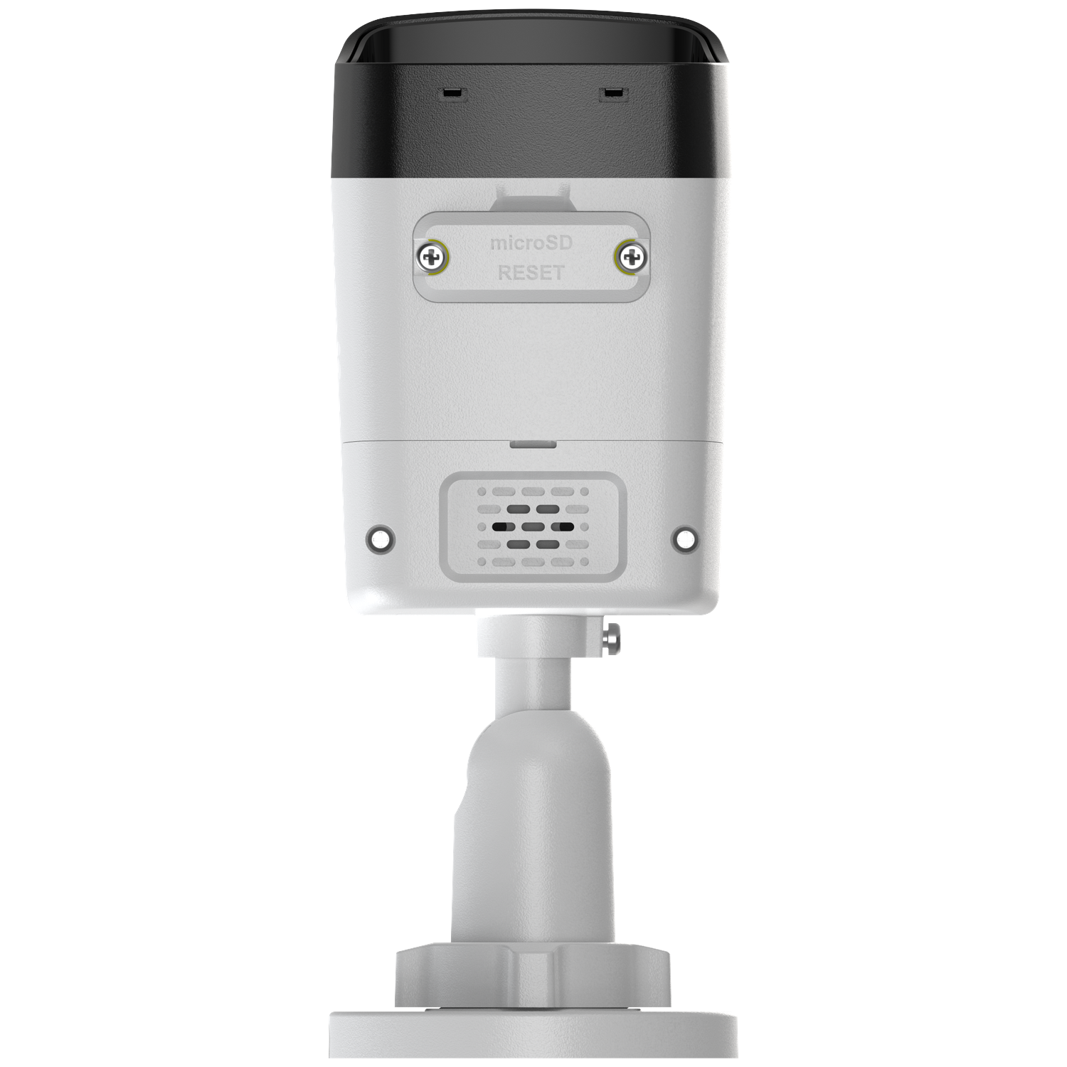 Witte en zwarte beveiligingscamera op een witte standaard. Het heeft microSD- en RESET-labels. De camera is gemonteerd op een cirkelvormige basis.