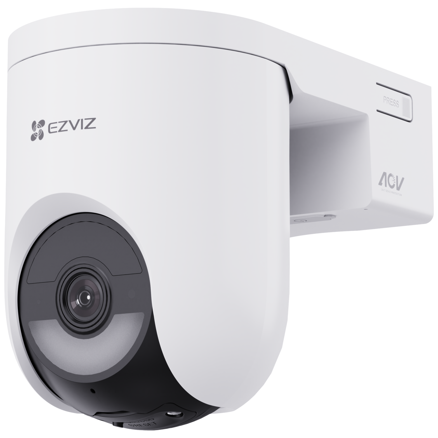 A white EZVIZ security camera with a black lens, mounted on a white bracket. It has the logo EZVIZ on it. It is a security camera.
