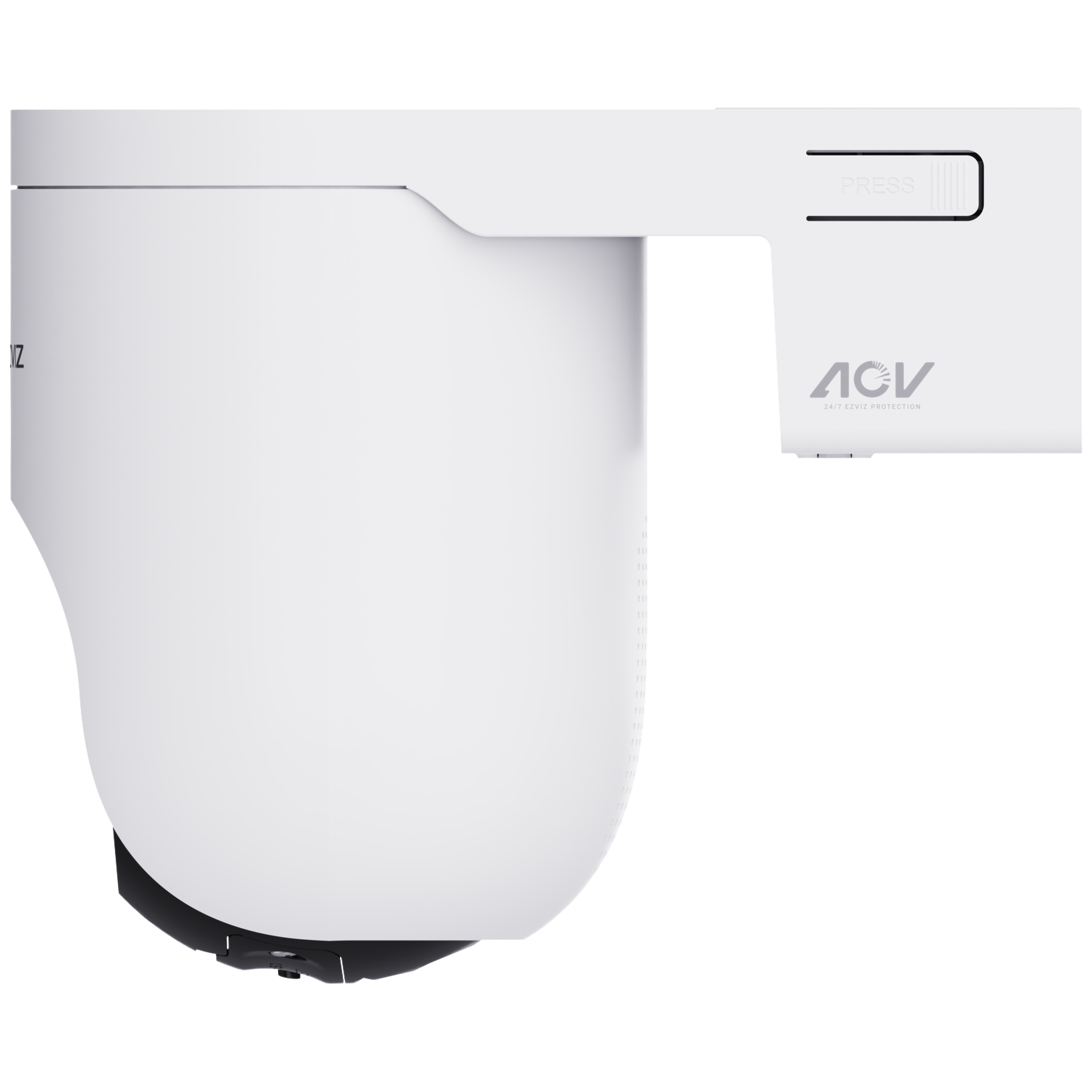 White security camera with black base, the word PRESS is written on the side. The logo ACV 24/7 EZVIZ PROTECTION is also present.