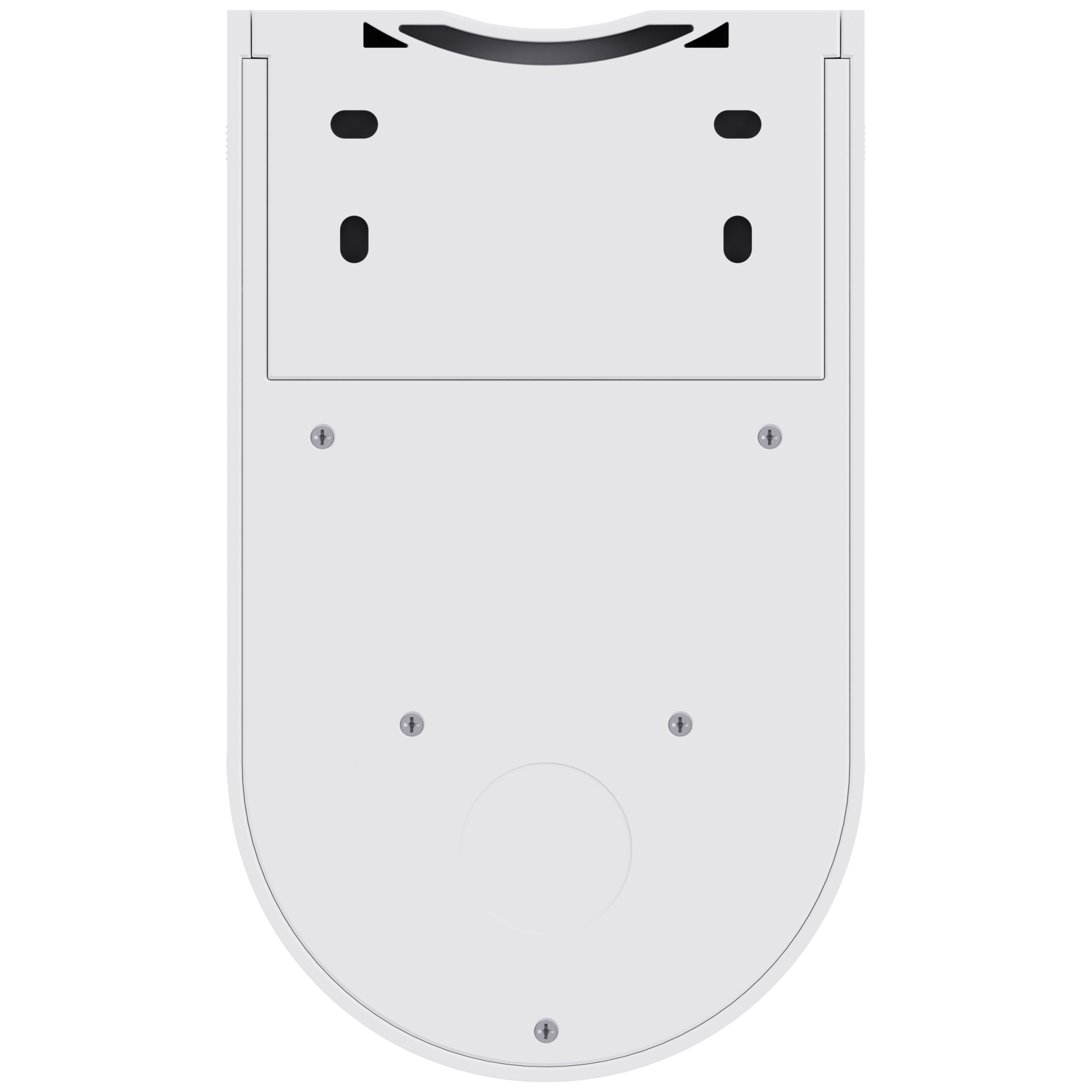 A white, wall-mounted device with a rounded bottom and a curved top. It has screw holes and mounting slots.