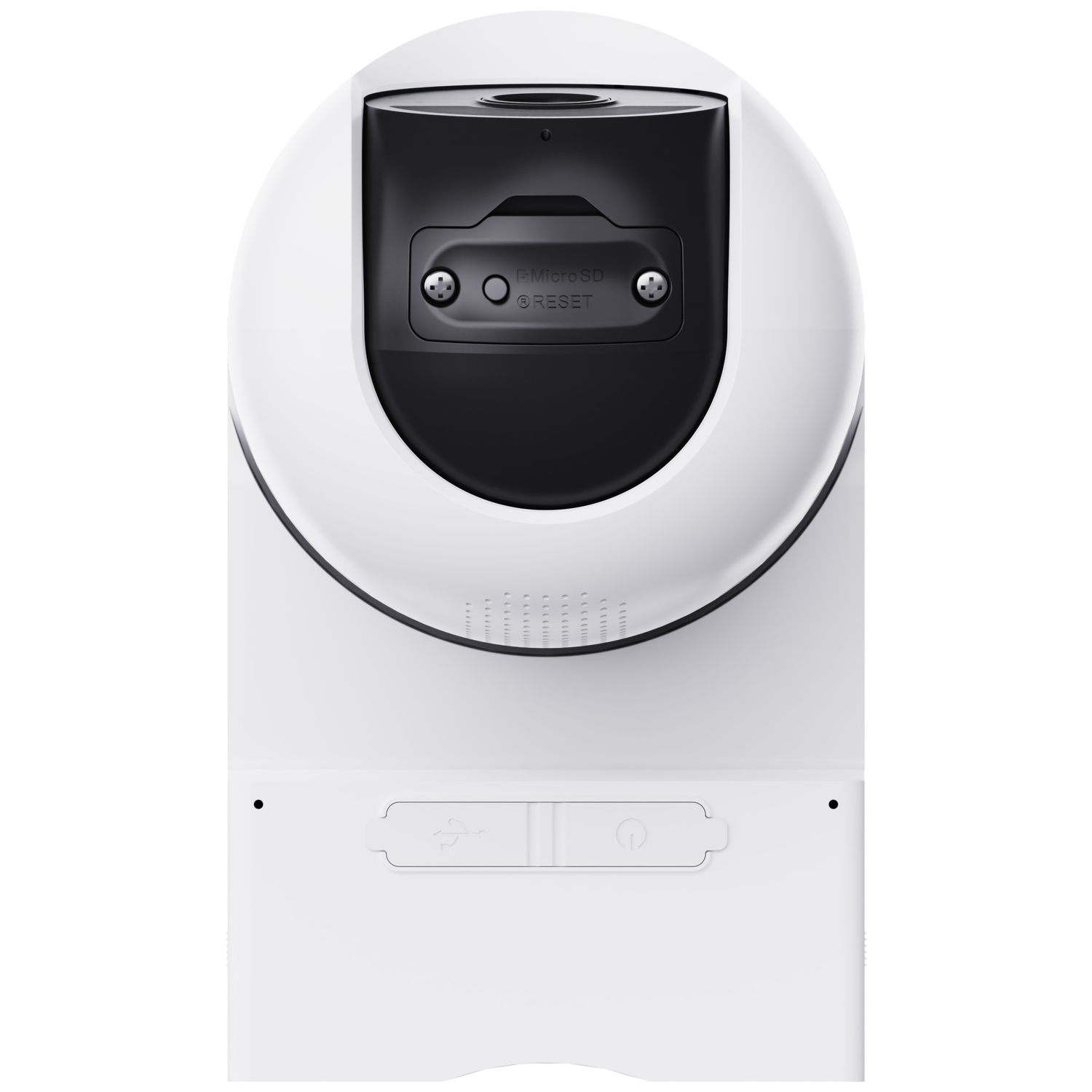 A white and black security camera. It has a round top and a rectangular base. Features include a reset button and a USB port.