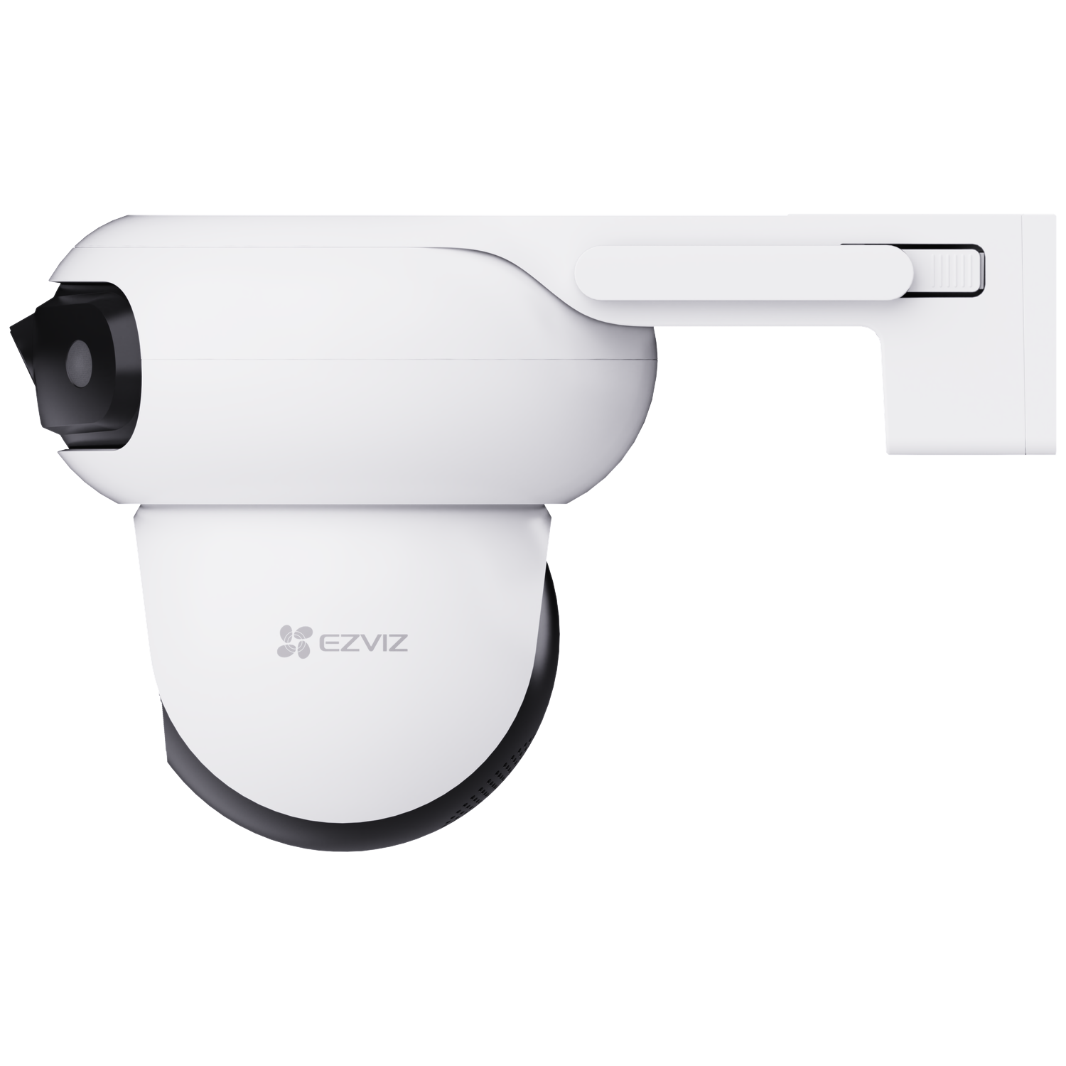 Witte EZVIZ-beveiligingscamera. Het heeft een afgeronde behuizing met een zwarte lens en een montagearm. Het logo is zichtbaar.