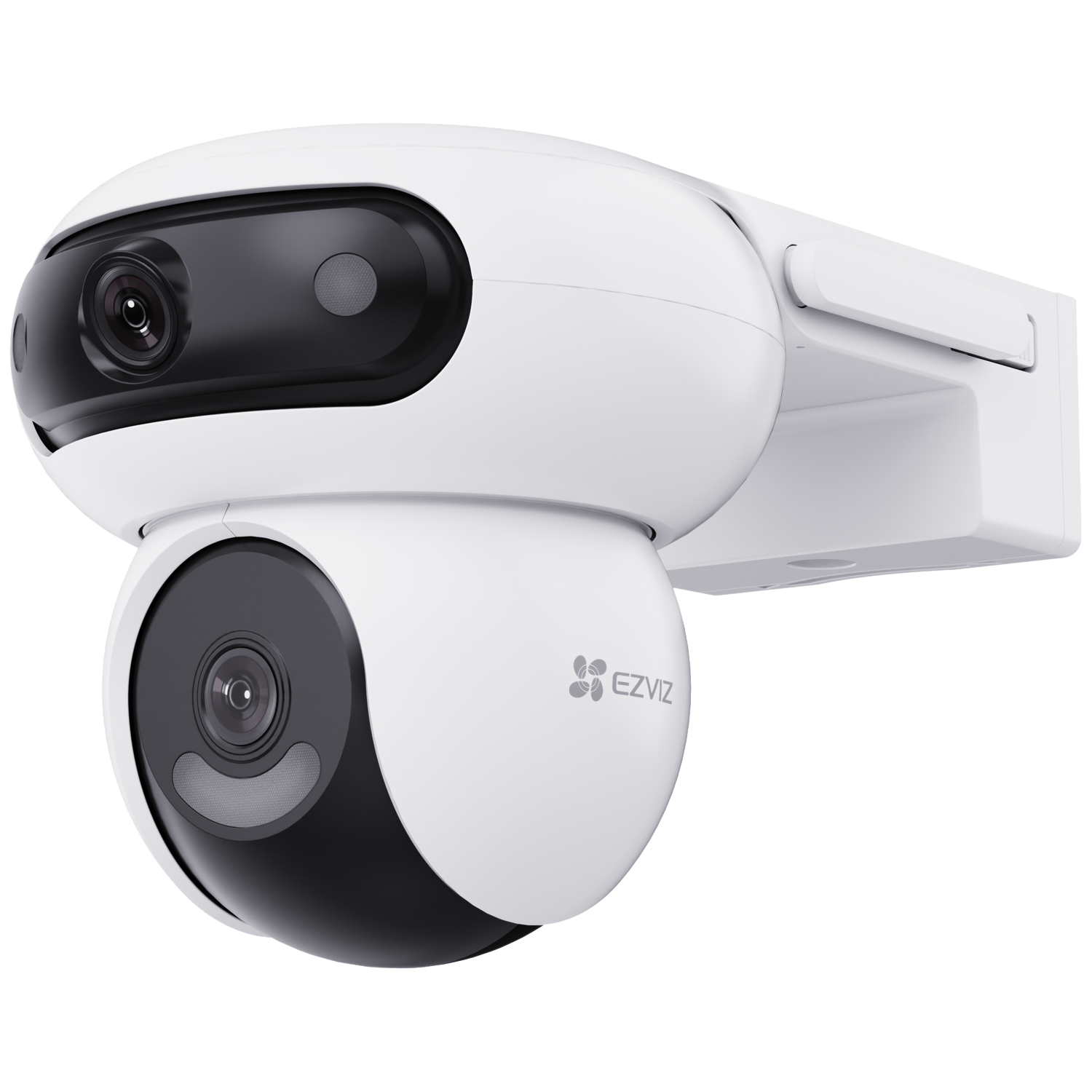 Een witte EZVIZ beveiligingscamera met twee zwarte lensbehuizingen, gemonteerd op een witte beugel, geïsoleerd op witte achtergrond.