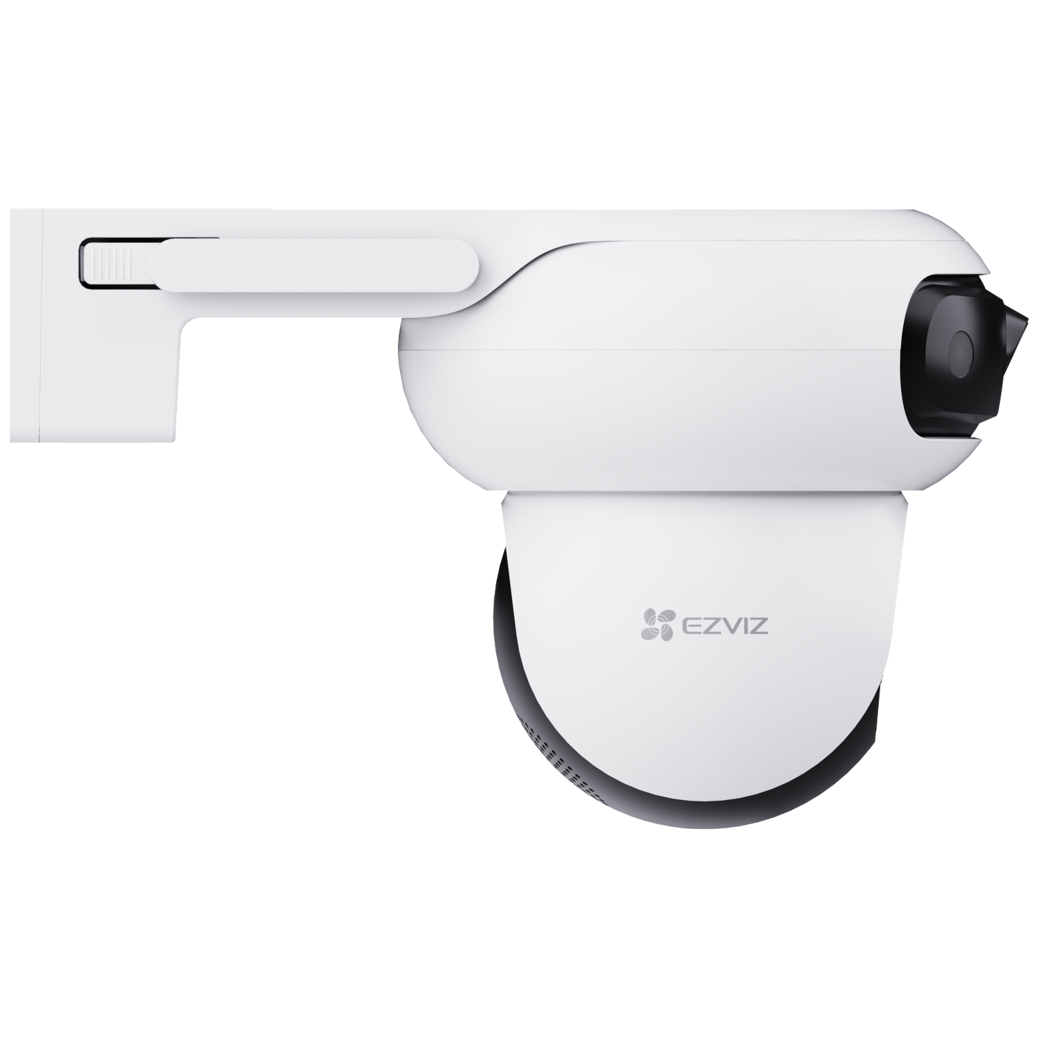 Een witte EZVIZ beveiligingscamera gemonteerd op een beugel. Het heeft een afgeronde behuizing met een zwarte lens en het EZVIZ-logo.