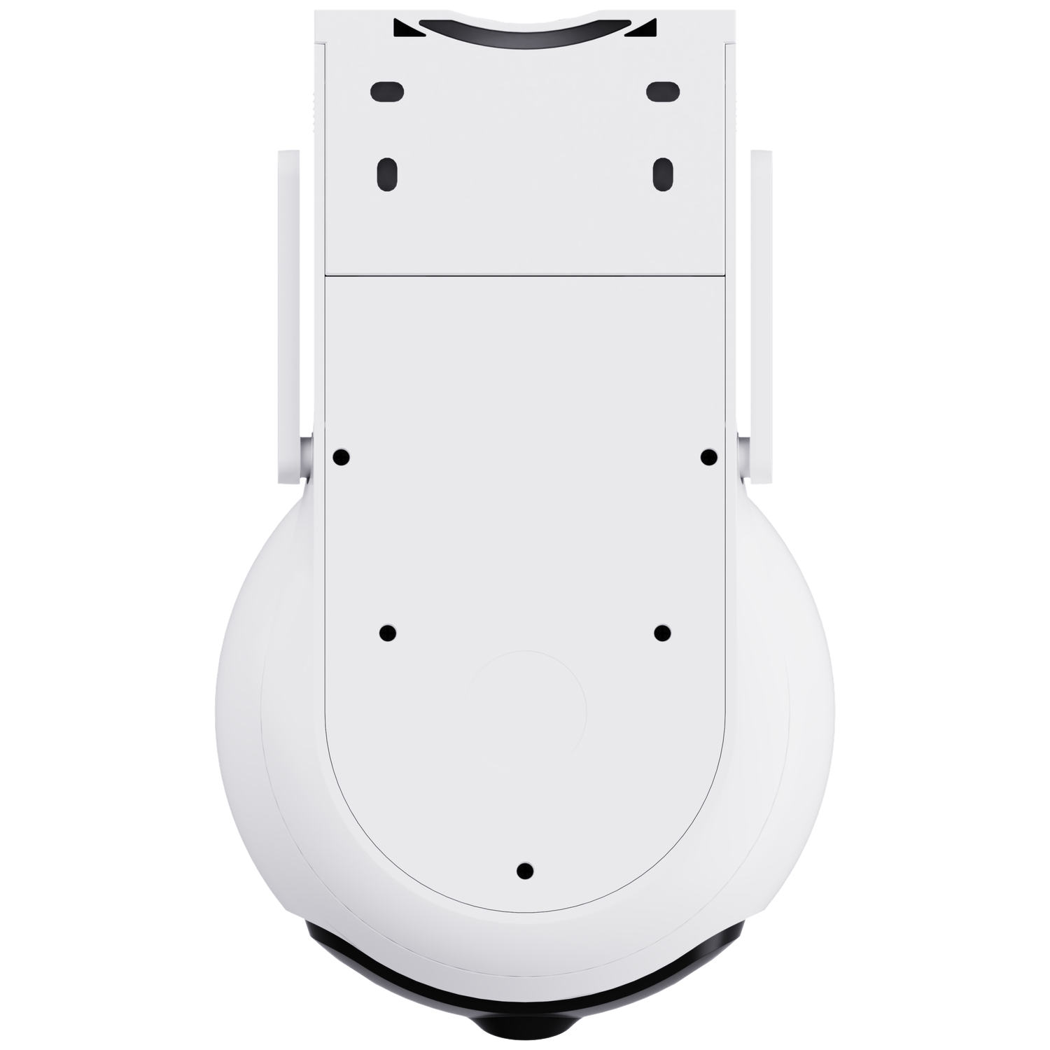 Bovenaanzicht van een witte beveiligingscamera. Het heeft een afgeronde onderkant, een rechthoekige bovenkant en twee zijantennes. Zwarte lens aan de onderkant.
