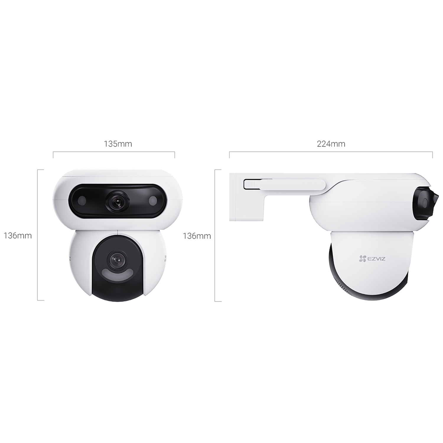 Twee witte beveiligingscamera's met zwarte lenzen en afmetingen: 136 mm, 135 mm en 224 mm. Het EZVIZ-logo is zichtbaar.