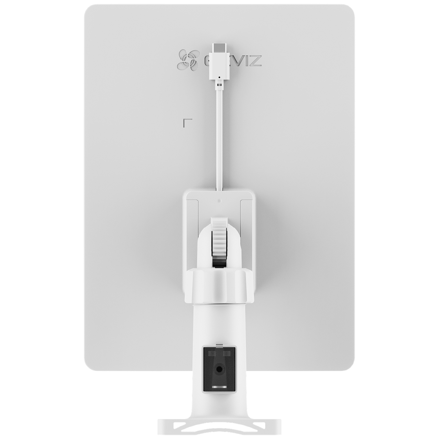 Een wit apparaat met een scherm en een standaard. Een USB-C-kabel is bovenin aangesloten. De standaard heeft een knop en een camera.