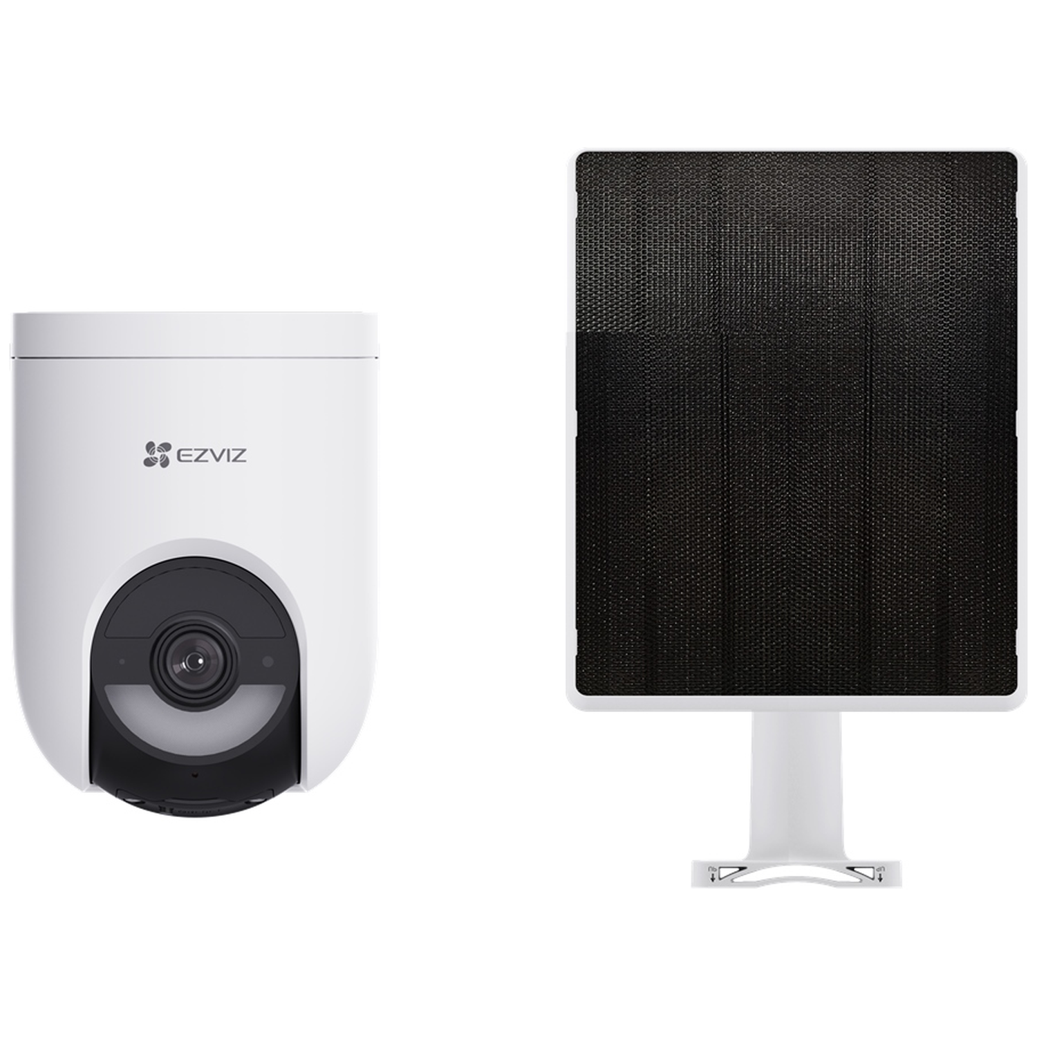 Een witte EZVIZ beveiligingscamera en een zwart zonnepaneel. De camera staat links, het paneel rechts, beide op een witte achtergrond.