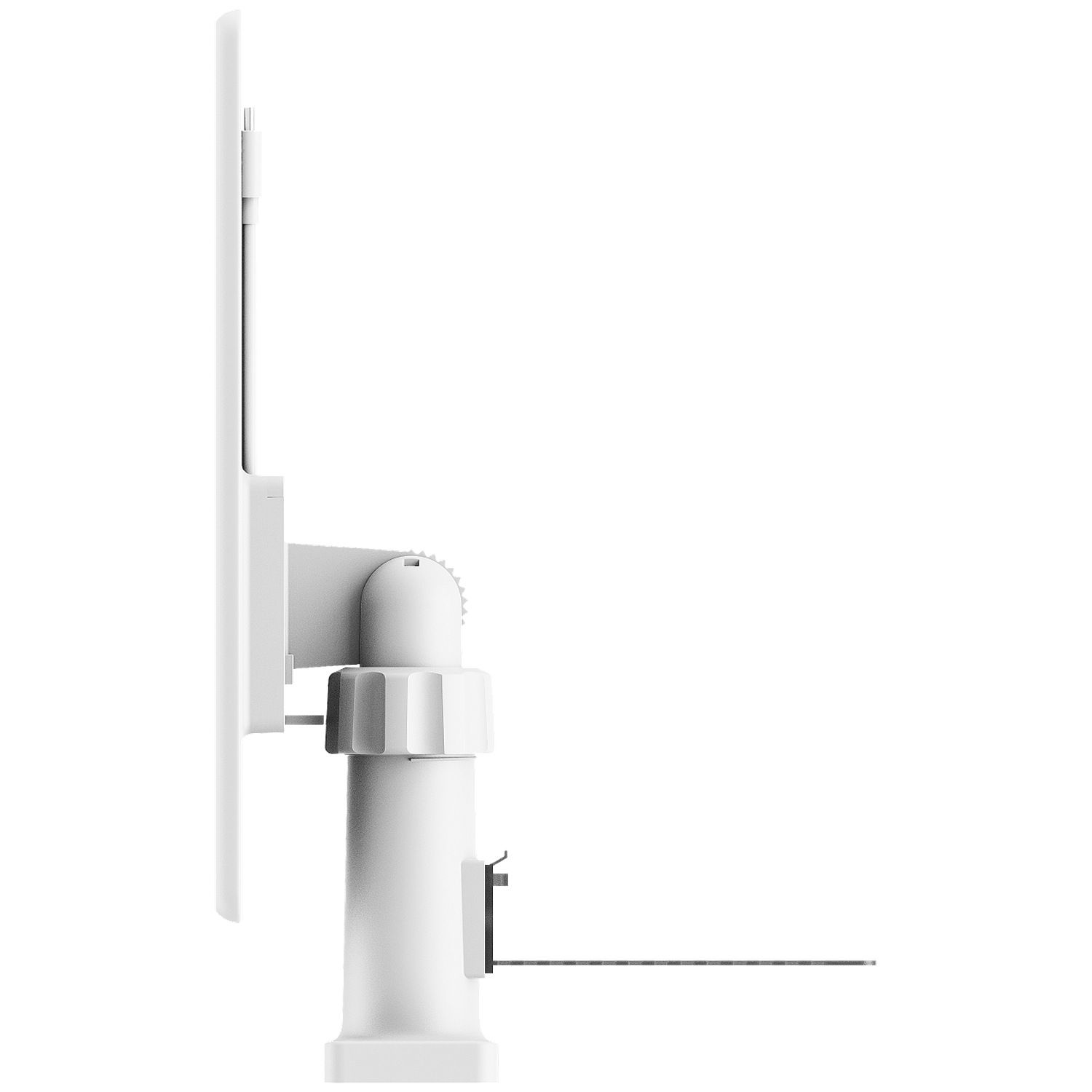 Een witte antenne, zijaanzicht. Het heeft een rechthoekig paneel, een cilindrische basis en verstelbare gewrichten. De achtergrond is wit.