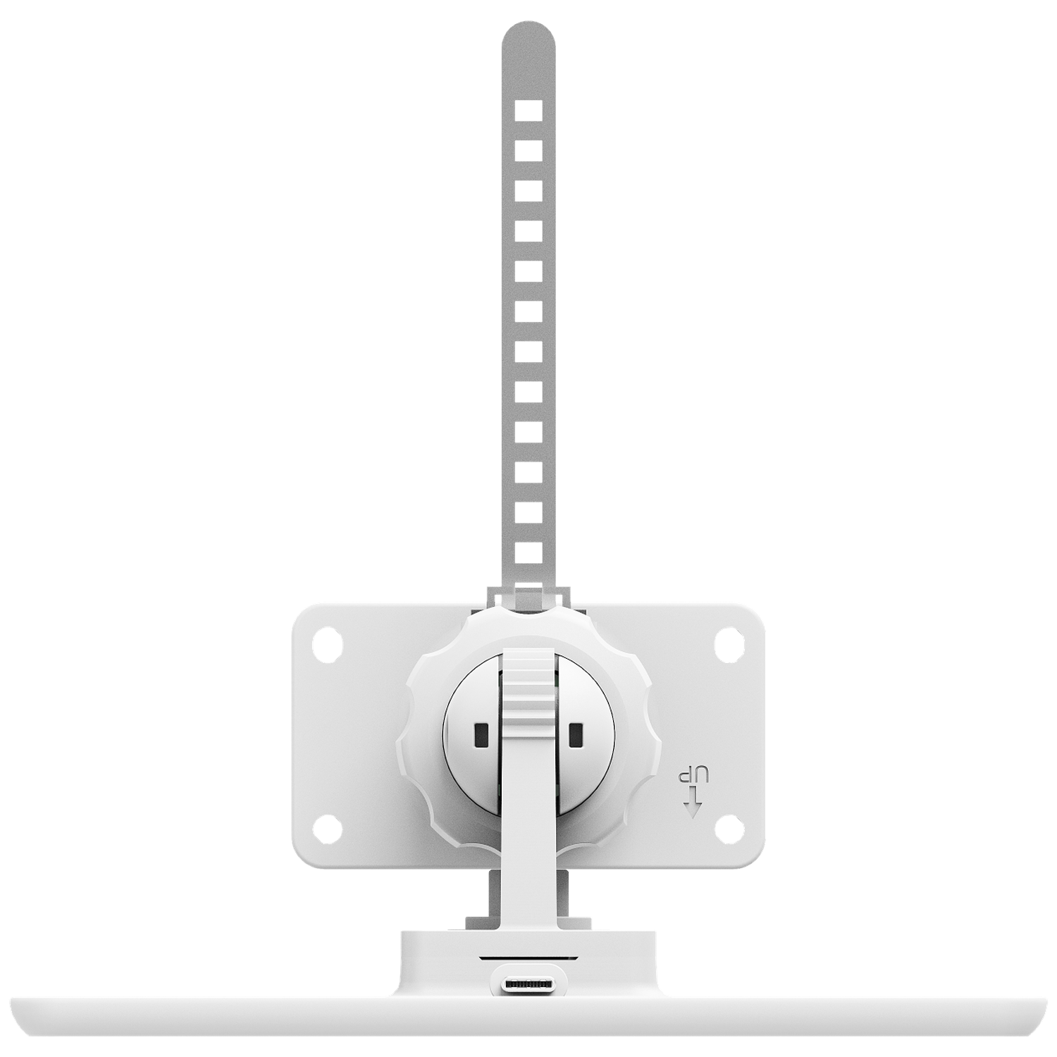 Een wit apparaat met een grijze verstelbare arm. Het heeft een vierkante basis met een ronde draaiknop en een kleine connector aan de onderkant.
