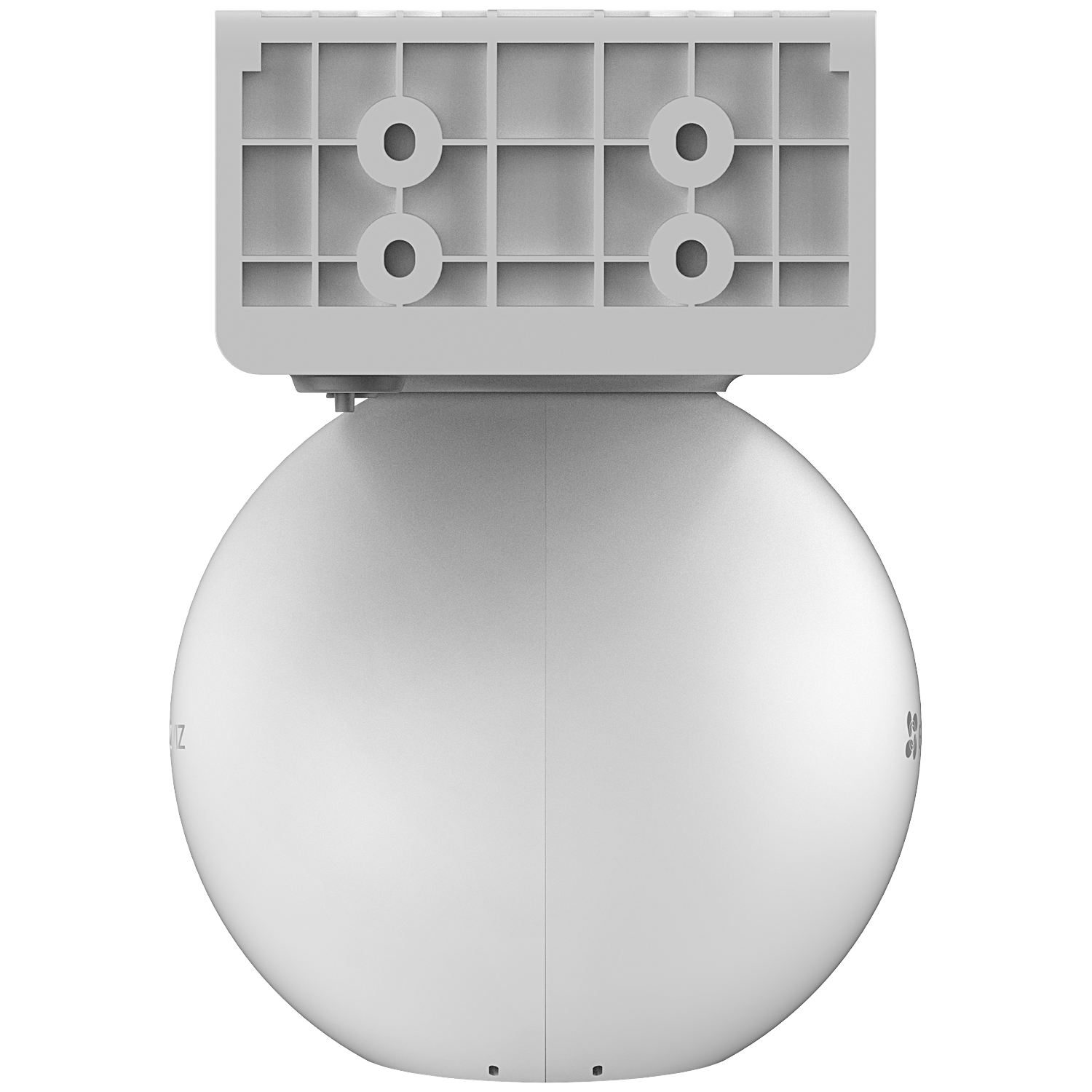 A white, spherical security camera with a rectangular mounting bracket. The camera has a logo, and the bracket has holes.