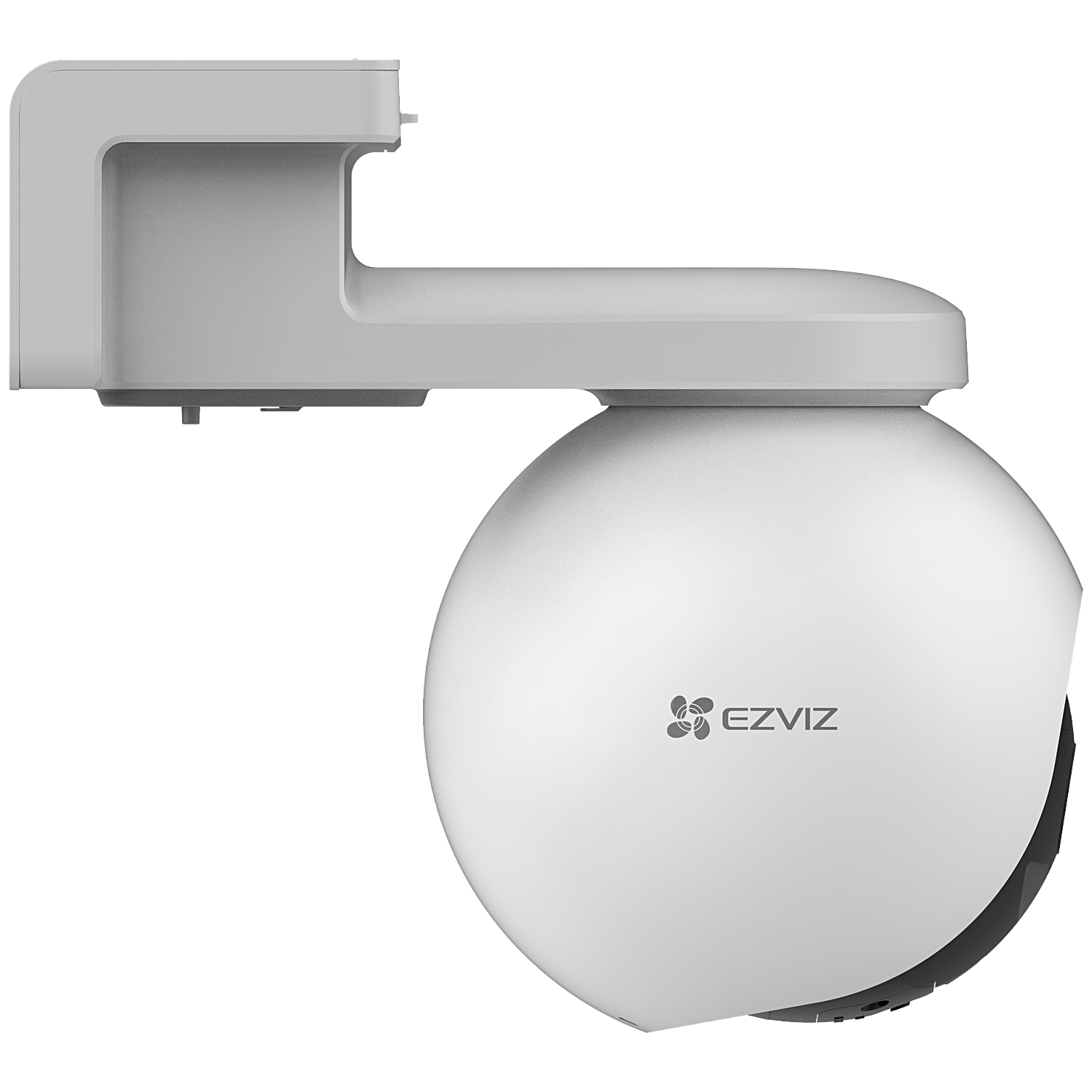 A white, spherical security camera with a mounting bracket. The camera has the EZVIZ logo.