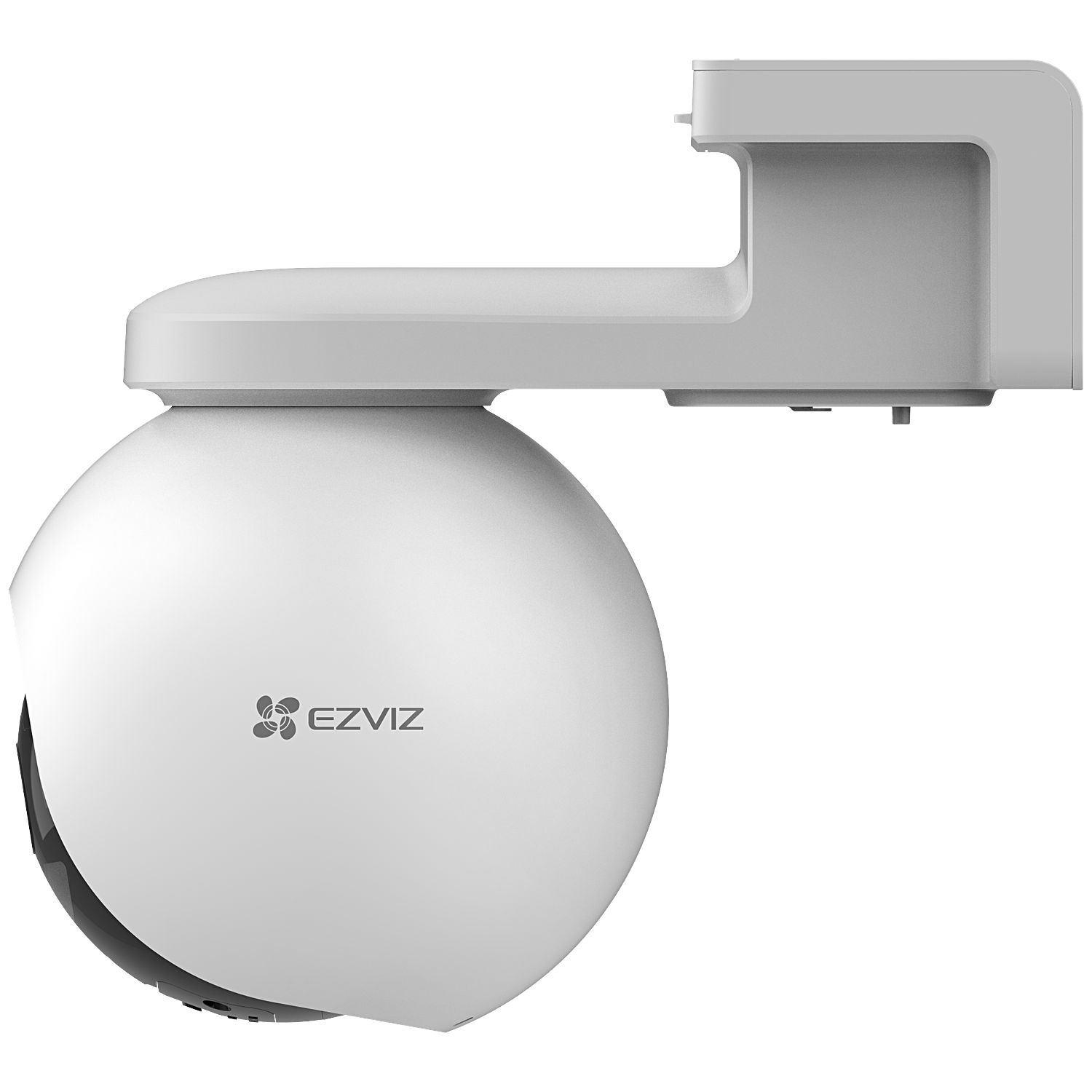 A white EZVIZ security camera is mounted on a white bracket. The camera is spherical with the EZVIZ logo. The bracket is rectangular.