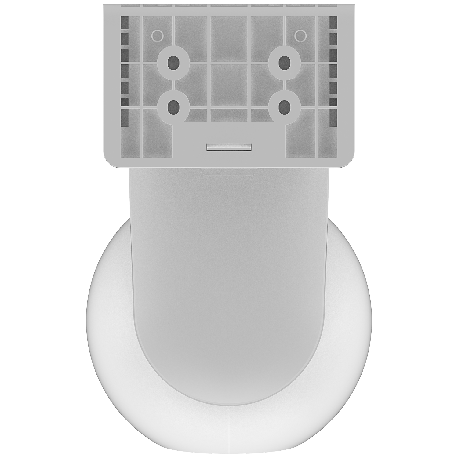 A white, plastic, wall-mounted device. It has a rectangular top section with four holes and a rounded bottom.