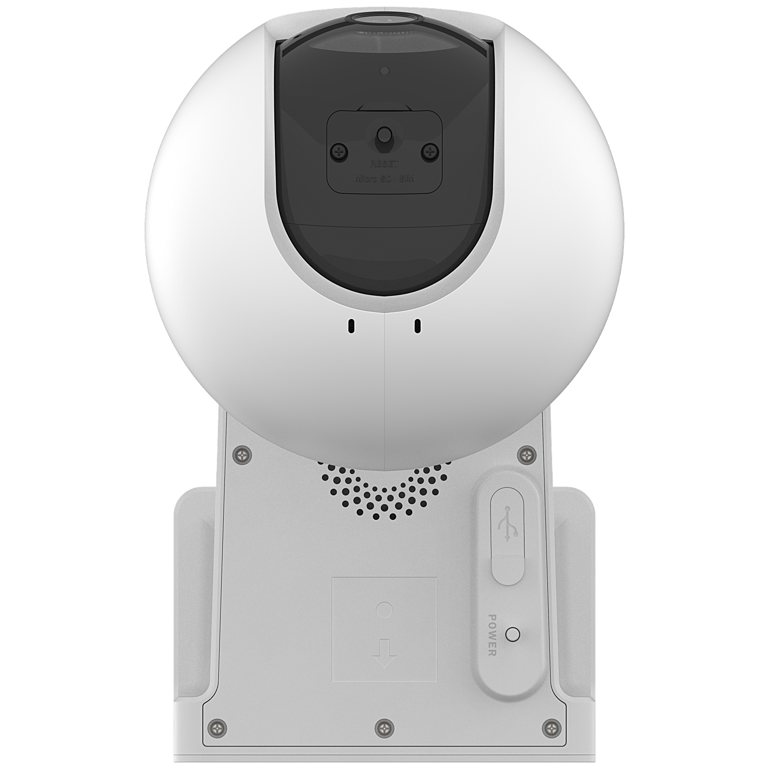 A white security camera with a round top and a rectangular base. It has a dark gray lens area and a USB port. Power button is visible.
