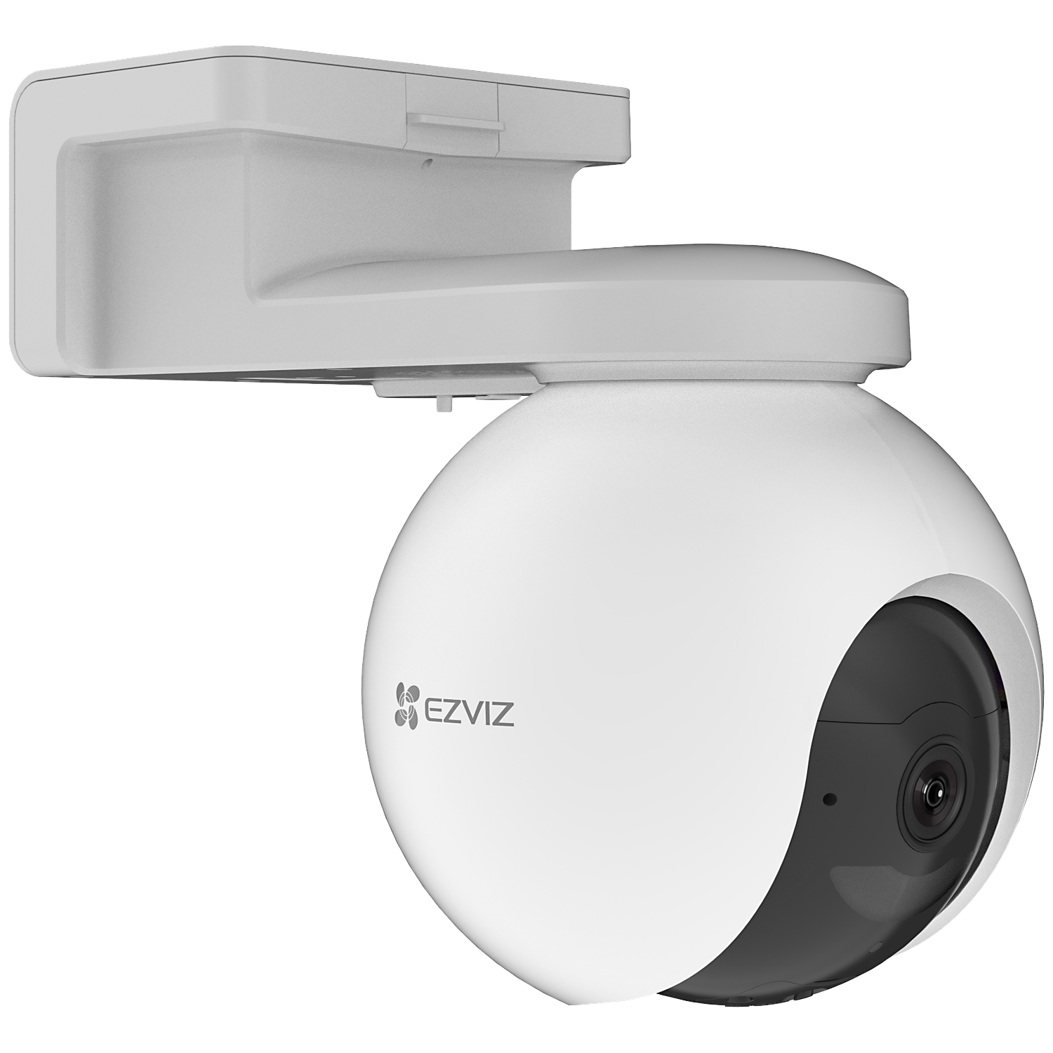 White and gray EZVIZ security camera. It has a spherical camera head, a dark lens, and a mounting bracket for wall installation.