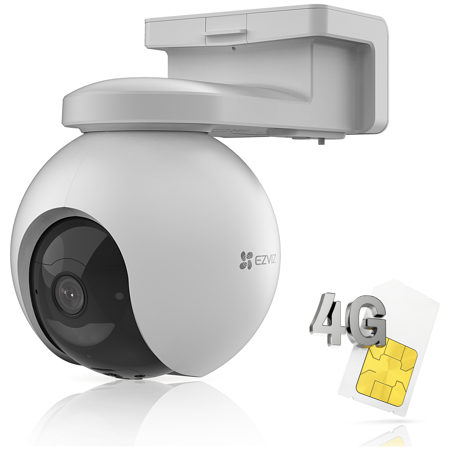 A white security camera with a black lens, mounted on a white bracket. A 4G logo and SIM card are on the right.