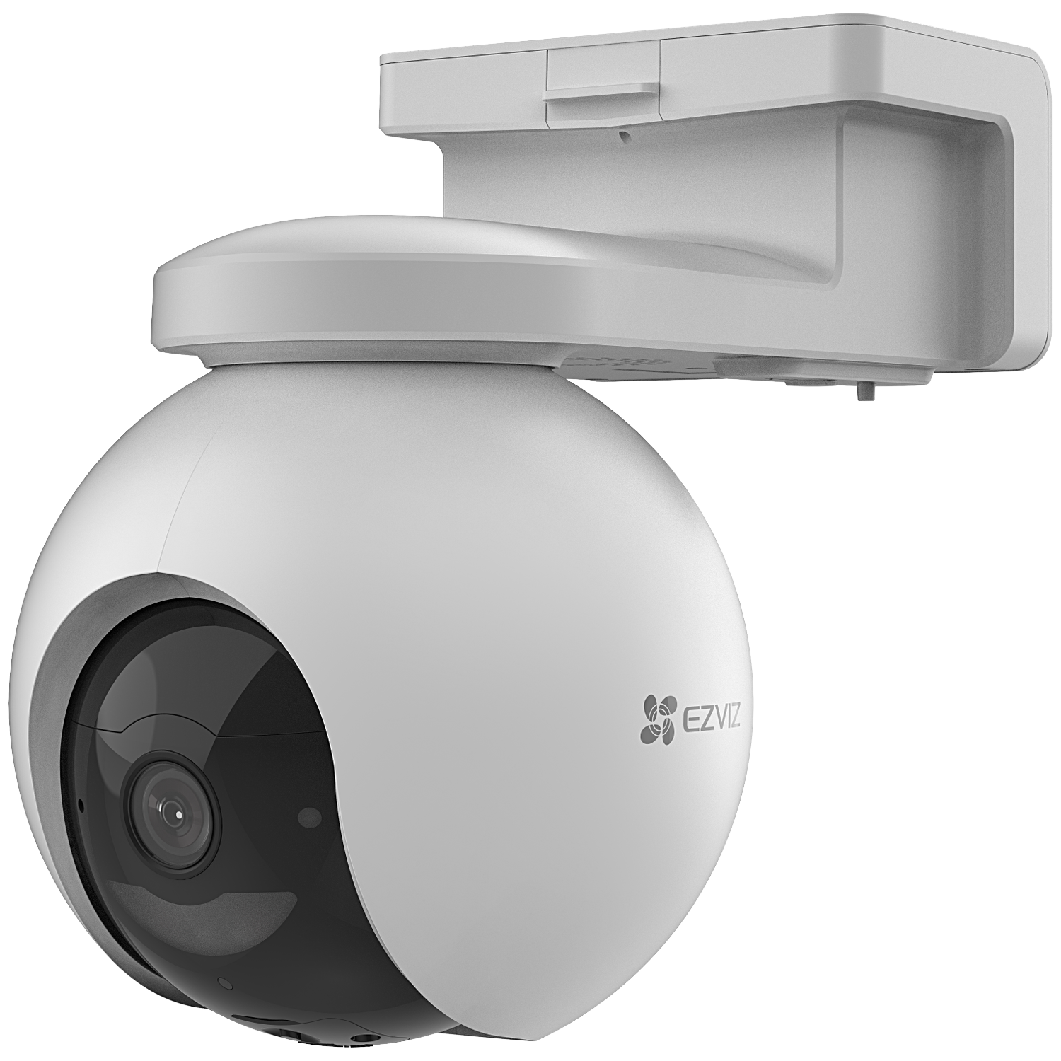A white EZVIZ security camera. It has a spherical lens and is mounted on a wall bracket. The lens is black and round.