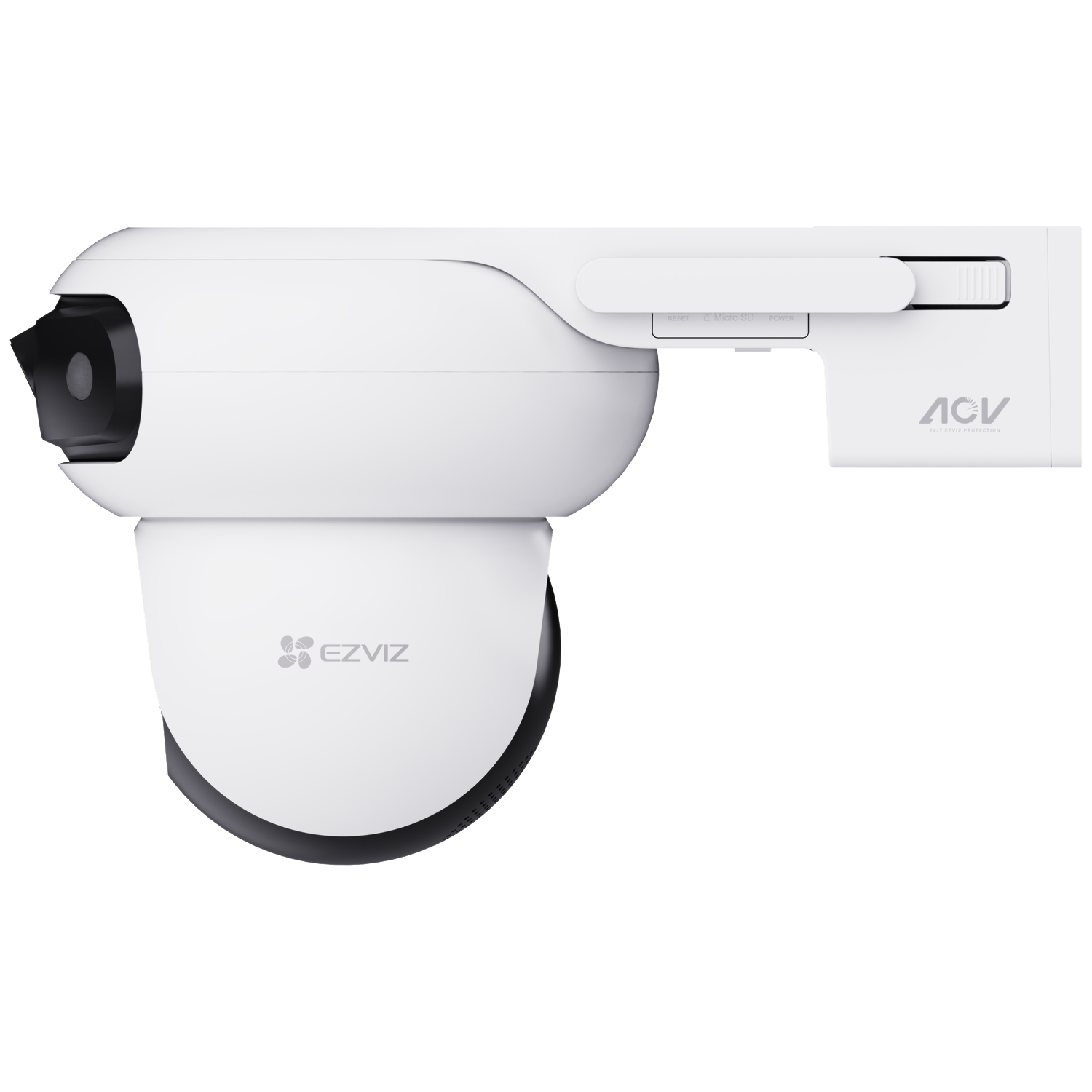 A white Ezviz security camera. It has a black lens, and the brand name is visible. It's mounted on a white arm with ACV logo.