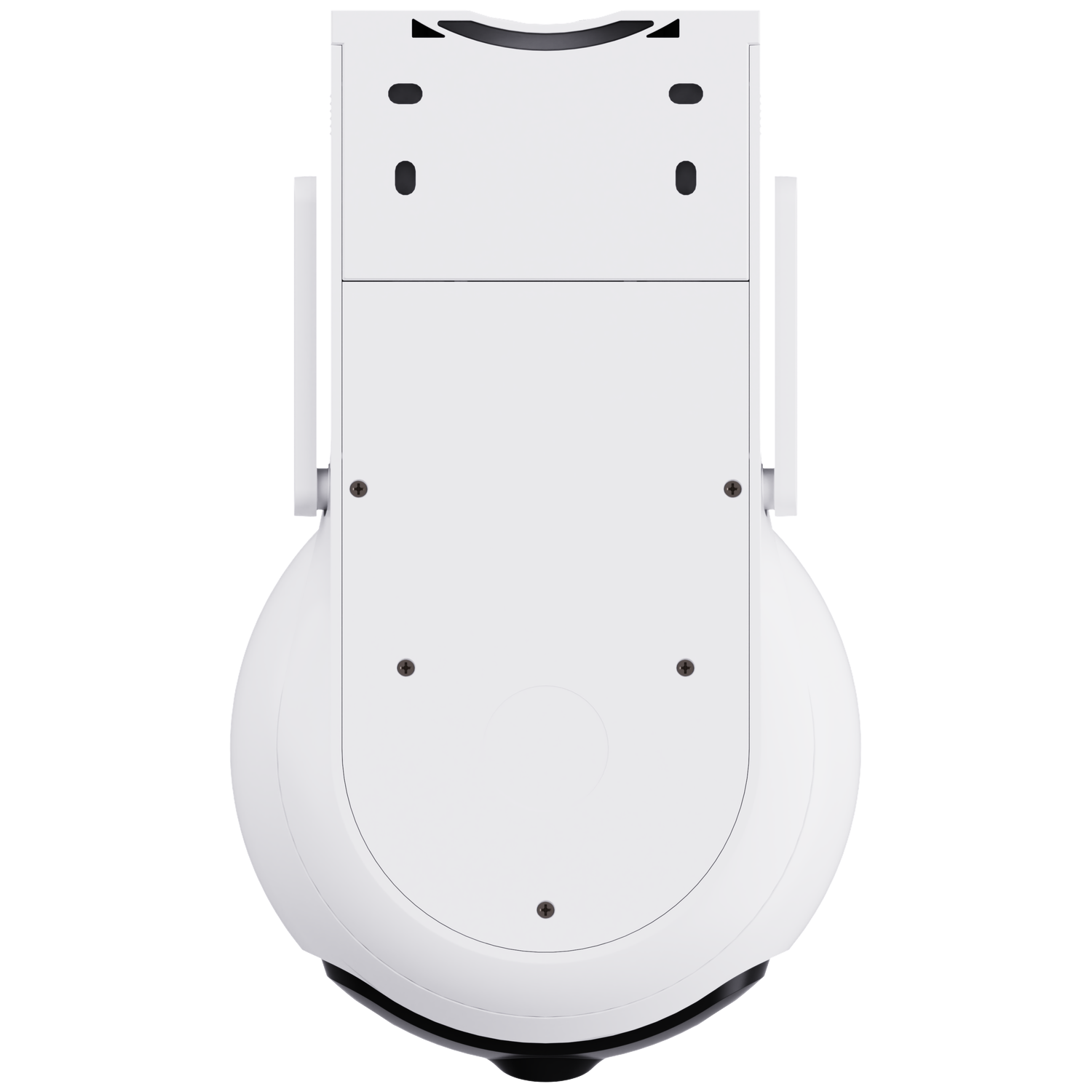 A white security camera. It has a rounded bottom and a rectangular top with two antennas. Screws are visible on the device.