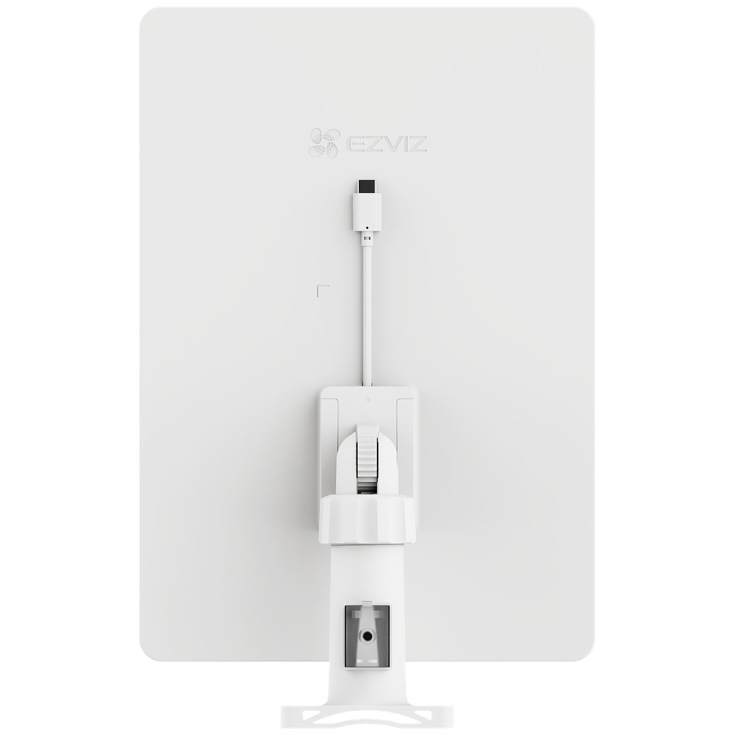 A white EZVIZ device with a USB cable and adjustable stand. The device is rectangular, with rounded corners. The stand is white.