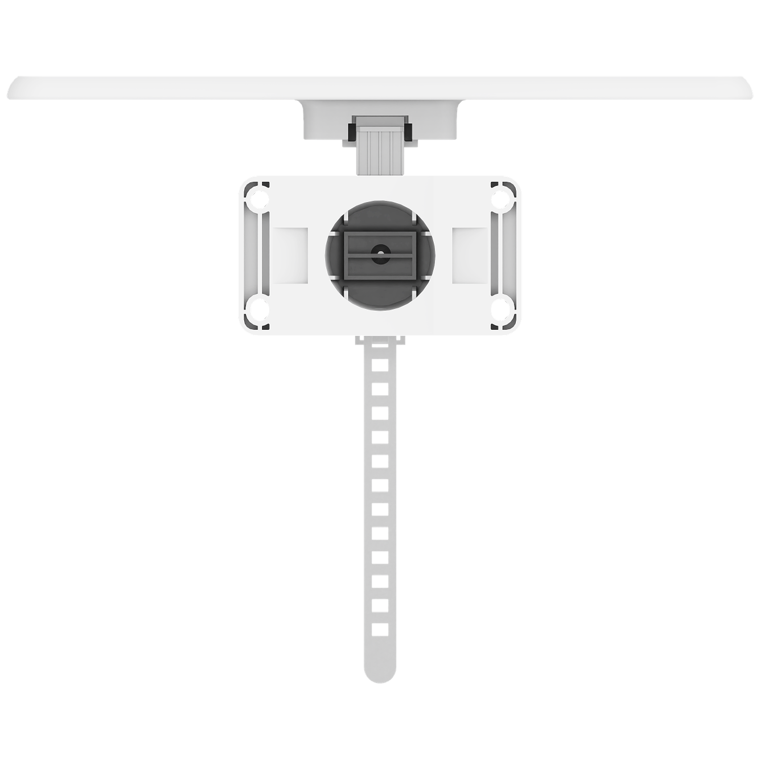 Top view of a white TV antenna with a mounting bracket and strap, all against a white background.