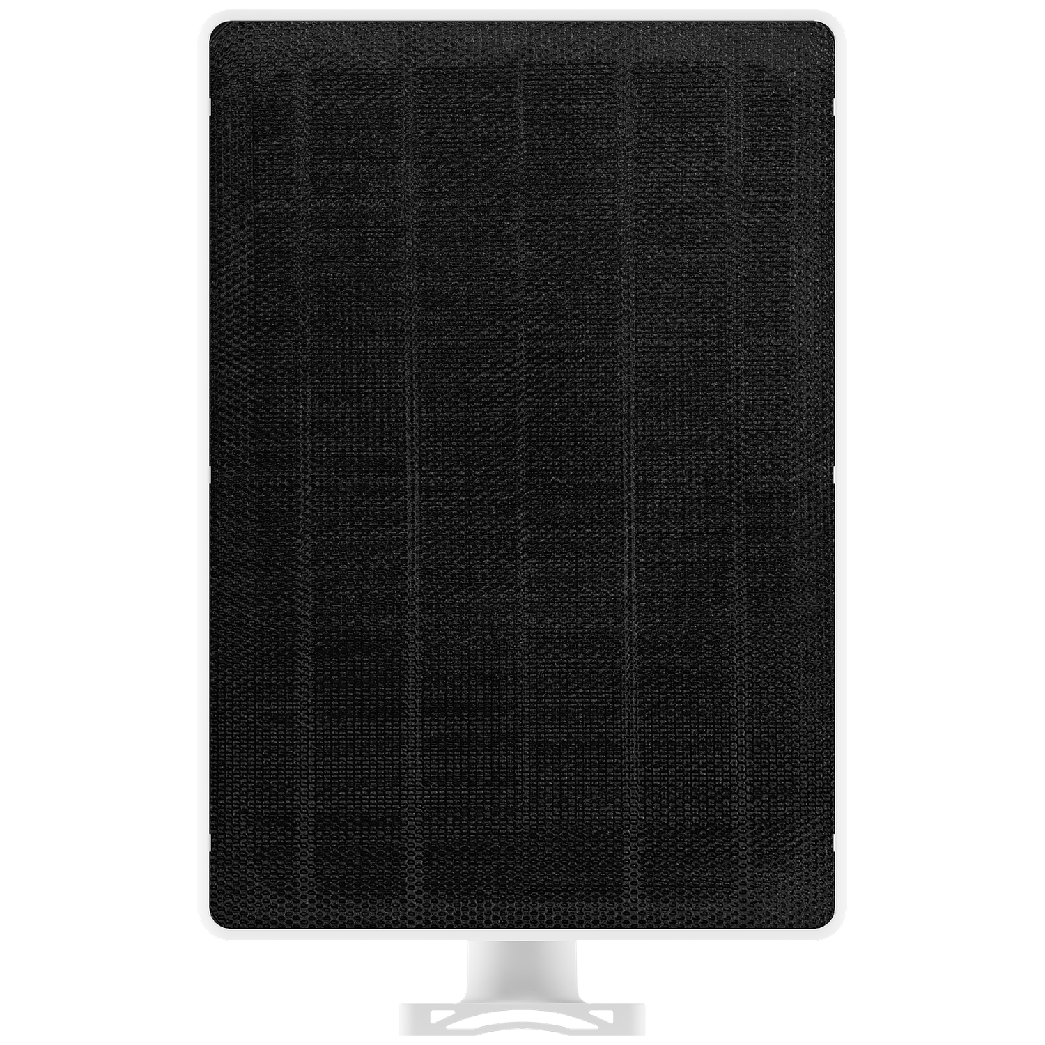 A rectangular black mesh panel with a white frame, supported by a white base, set against a white background.